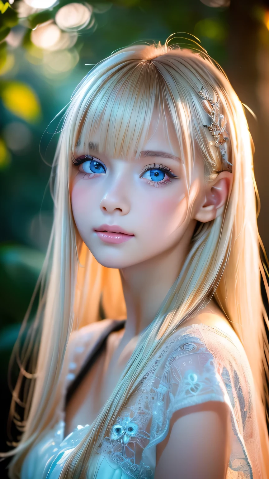 night, Raw photo, (((Very beautiful portrait))), (Glowing Skin)), 1 girl, 16 year old beautiful girl from Prague, (((Natural platinum blonde hair)), [Bright Blue Eyes], Super long hair, eyeliner, Fluttering Hair, bangs over eyes、Vibrant, ((masterpiece, 最high quality, Ultra Detail, Cinematic Light, Intricate details, High resolution, 8K, Very detailed)), Detail Background, 8K uhd, Digital single-lens reflex camera, Soft lighting, high quality, Film Grain, Fujifilm XT3, Shallow depth of field, Natural light, (Perfect hands), Perfect Face, View from afar、Small Face Beauty、