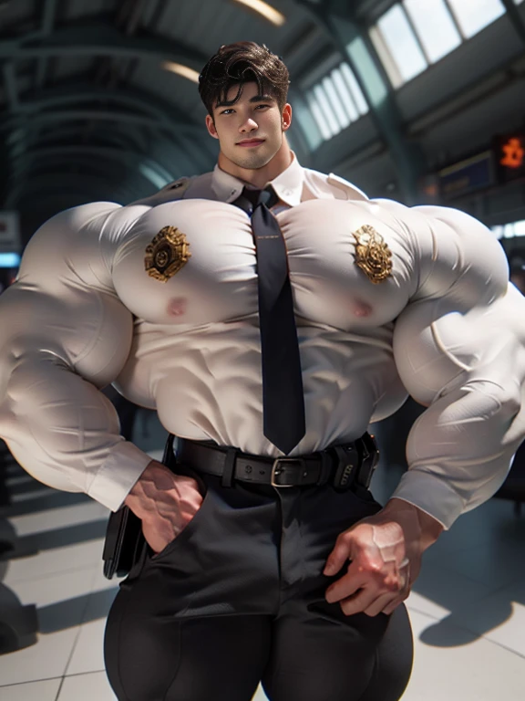 An award-winning original photo，A wild muscular man, 1boy, 1 korean male, (korean man with k-pop idol look), (big shoulders), 20yo, handsome, hyper muscle, firm, wear policeman costume & pants, big guy, brutalmass, giant muscular bodybuilder, bulk, massive body, large size, posing, stubbles, Short beard, Beautiful eyes:1.3, ), (Detailed face:1.3), (looking up:1), smilling, standing in the airport, Dynamic Angle, volumetric lighting, (Best quality, A high resolution, Photorealistic), Cinematic lighting, sunlight, Masterpiece, RAW photo, Intricate details, hdr, depth of field, photo real, illuminating light,