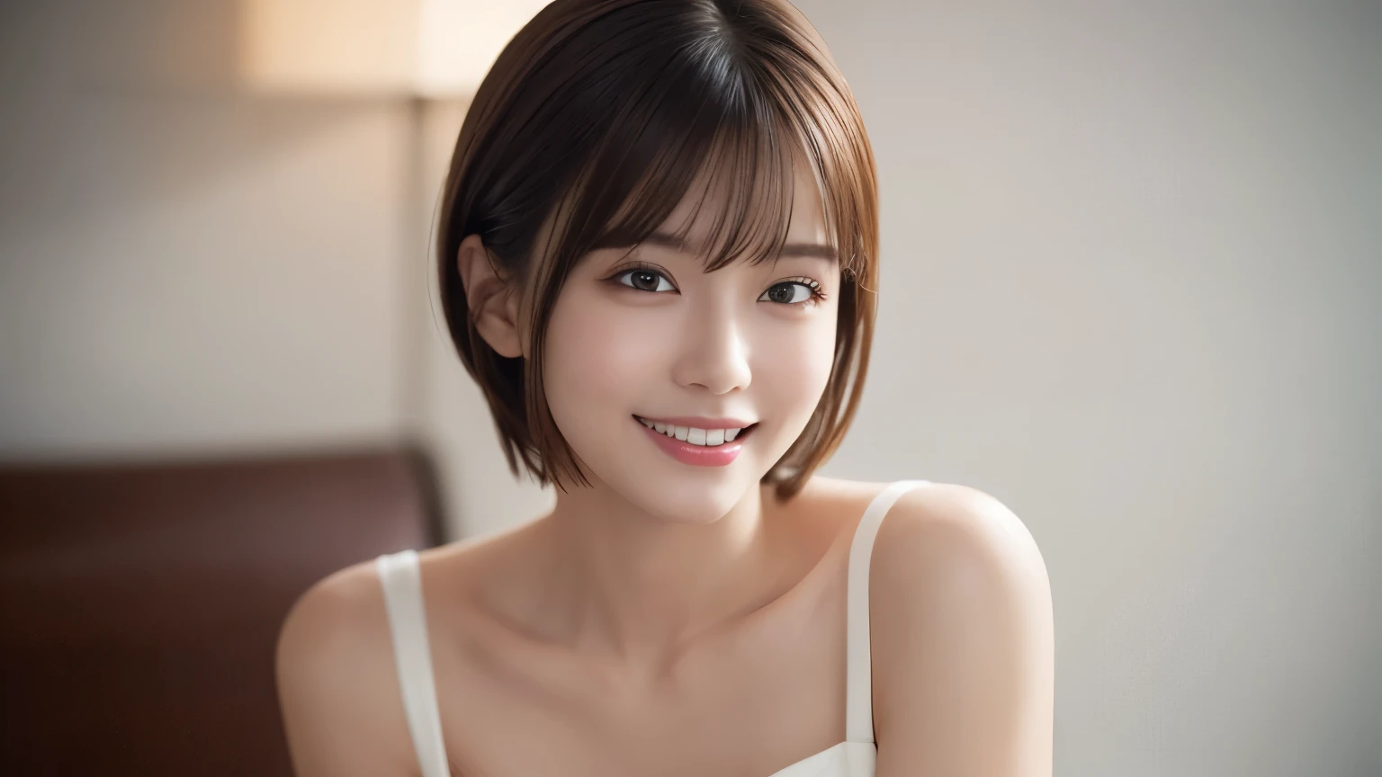 One Girl, (Dress in trendy fashion:1.2), (RAW Photos, highest quality), (Realistic, Photorealistic:1.4), Tabletop, Very delicate and beautiful, Very detailed, 2k wallpaper, wonderful, In detail, Very detailedな CG Unity 8K 壁紙, Very detailedな, High resolution, Soft Light, Beautiful detailed girl, looking at the camera、Very detailedな目と顔, Beautifully detailed nose, Beautiful fine details, short hair, small, White clothes、White background、Background is white、Cinema Lighting, Perfect Anatomy, Slender body, smile, 