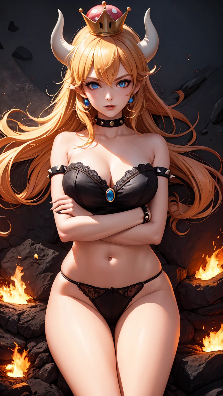 ((high detailed, best quality, 4k, masterpiece, hd:1.3)), ((best quality)), (((HD))), (((8k))), (ultraDH), (ultra HD), Princess Daisy, blue eyes, BREAK blue eyes, seductive, attractive, smooth anime cg art, 36C breasts, long legs, vivid colors, detailed digital art, slim body, perfect skin, dark blonde hair, long hair, blonde hair, blonde hair, BREAK crown, cleavage, 36C cleavage, looking at viewer, BREAK looking at viewer, extremely detailed face, red santa suit, red santa claus suit, santa claus suit, earrings, gem, dark black makeup lips, dark gothic eyeshadows, dark eyeshadows, black eyeshadows, black sexy lips, black lips, (dark:1.2), dark lips, very dark lips, (perfect hands, perfect anatomy), black makeup, black medium lips, black thick lips, detailed fingers, five fingers per hand, 5 fingers, (1 girl), detailed lips, detailed black lips, black painted lips, gothic painted lips, BREAK night, night sky, (breast focus), (arms outstreched:1.2), (from above:1.1), (breasts out:1.3), (off shoulder:1.1), (white horns), (lingerie), inside a lava castle, she inside a sea of lava, she bathing in lava, full body, perfect long legs, perfect foots, legs and foots into the lava,