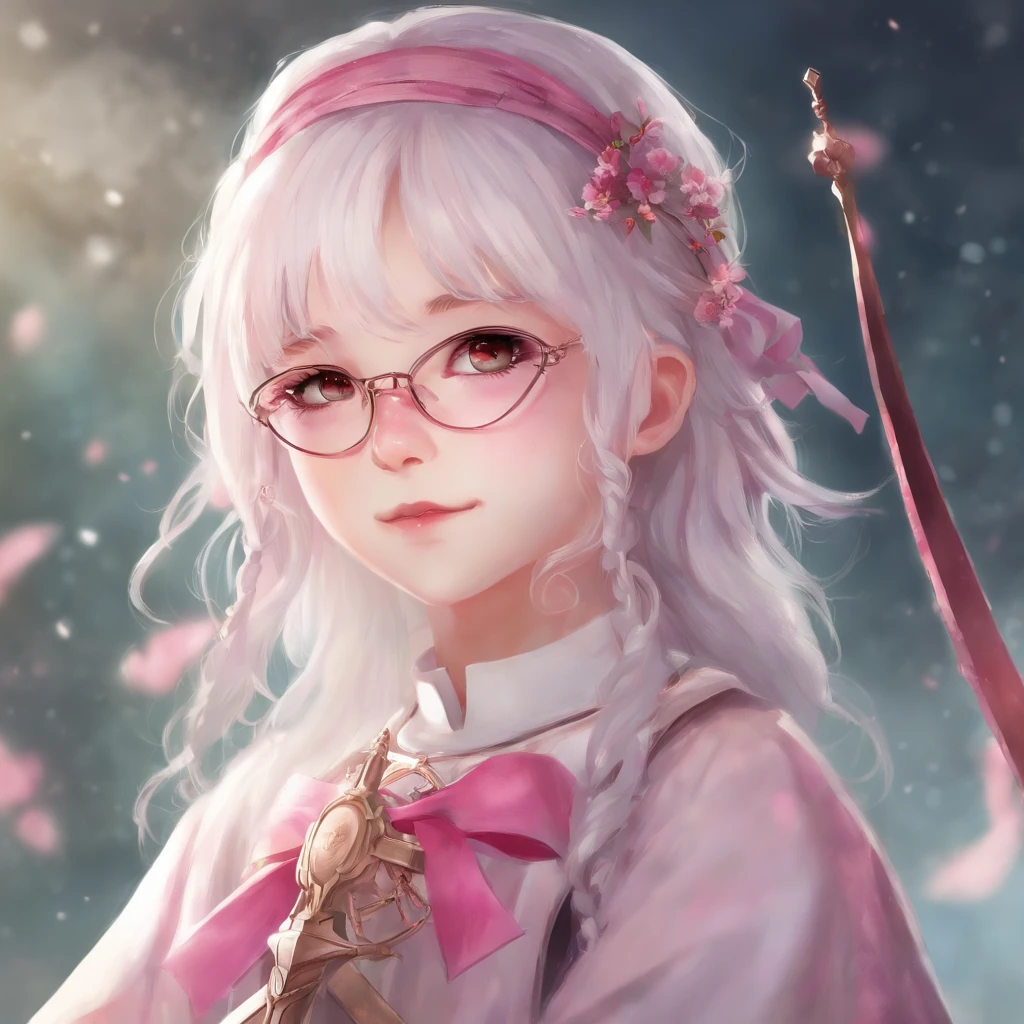 5′ 11″ height, girl with glasses and a white hair, pink eyes, who wears pink and holds an sword in the shape of a crucifix, just her head and shoulders, with color palette, a spike headband, watercolor anime