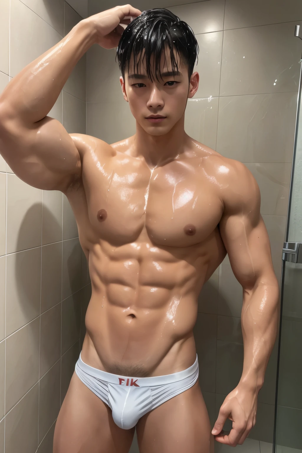 ( (8K:1.27), 4K，best qualtiy, tmasterpiece, 超A high resolution:1.2) Photos of Japan men, Young men，Perfect face，perfect bodies，wet body,  White shirt，white micro thong,  wet Clothes see-through，Expose your abs，realskin，super detailing,Gesture to take off the shirt、One Man、Perfect skin detail、One Man、Shower room,(Solo: 1.2)