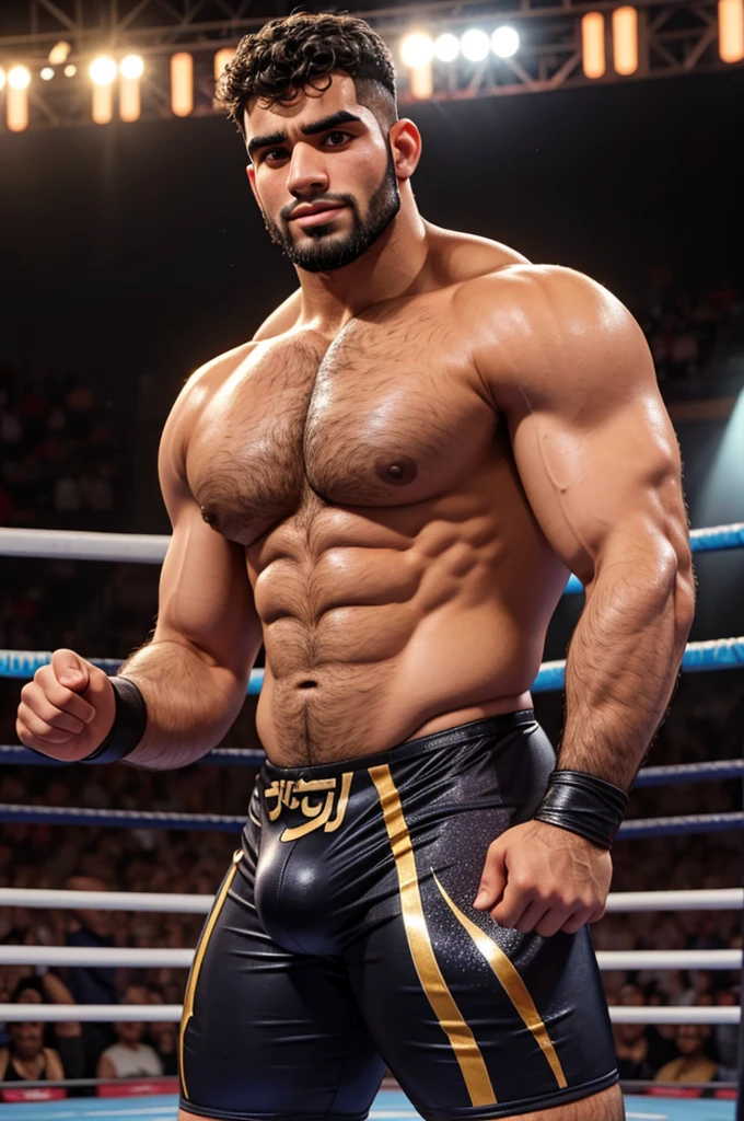 male arab, tan skin, defined big fluffy hairy pecs, wrestler, in his early 20s, black hair, in sparkly wrestling outfit