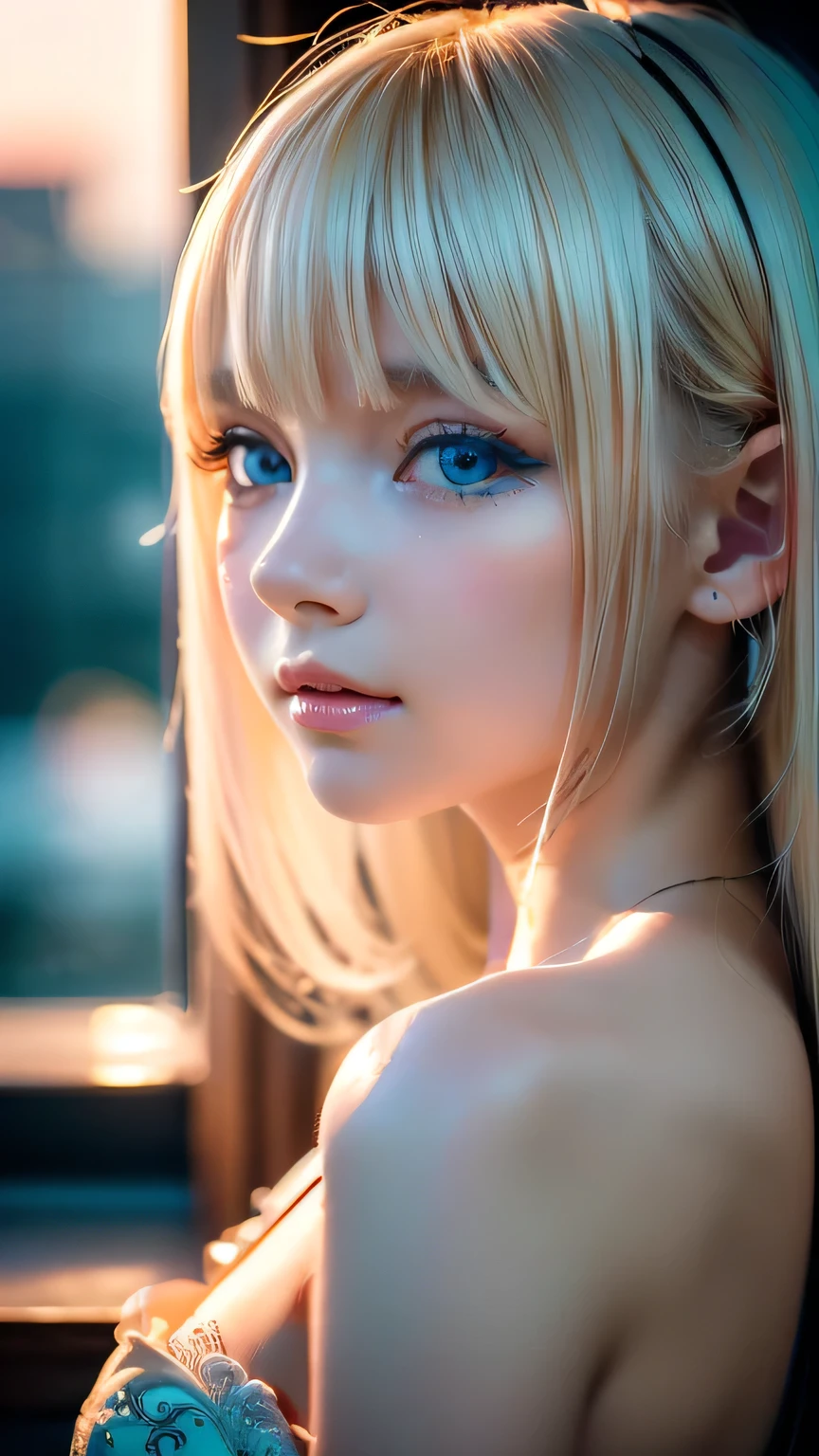 night, Raw photo, (((Very beautiful portrait))), (Glowing Skin)), 1 girl, 16 year old beautiful girl from Prague, (((Natural platinum blonde hair)), [Bright Blue Eyes], Super long hair, eyeliner, Fluttering Hair, bangs over eyes、Vibrant, ((masterpiece, 最high quality, Ultra Detail, Cinematic Light, Intricate details, High resolution, 8K, Very detailed)), Detail Background, 8K uhd, Digital single-lens reflex camera, Soft lighting, high quality, Film Grain, Fujifilm XT3, Shallow depth of field, Natural light, (Perfect hands), Perfect Face, View from afar、Small Face Beauty、