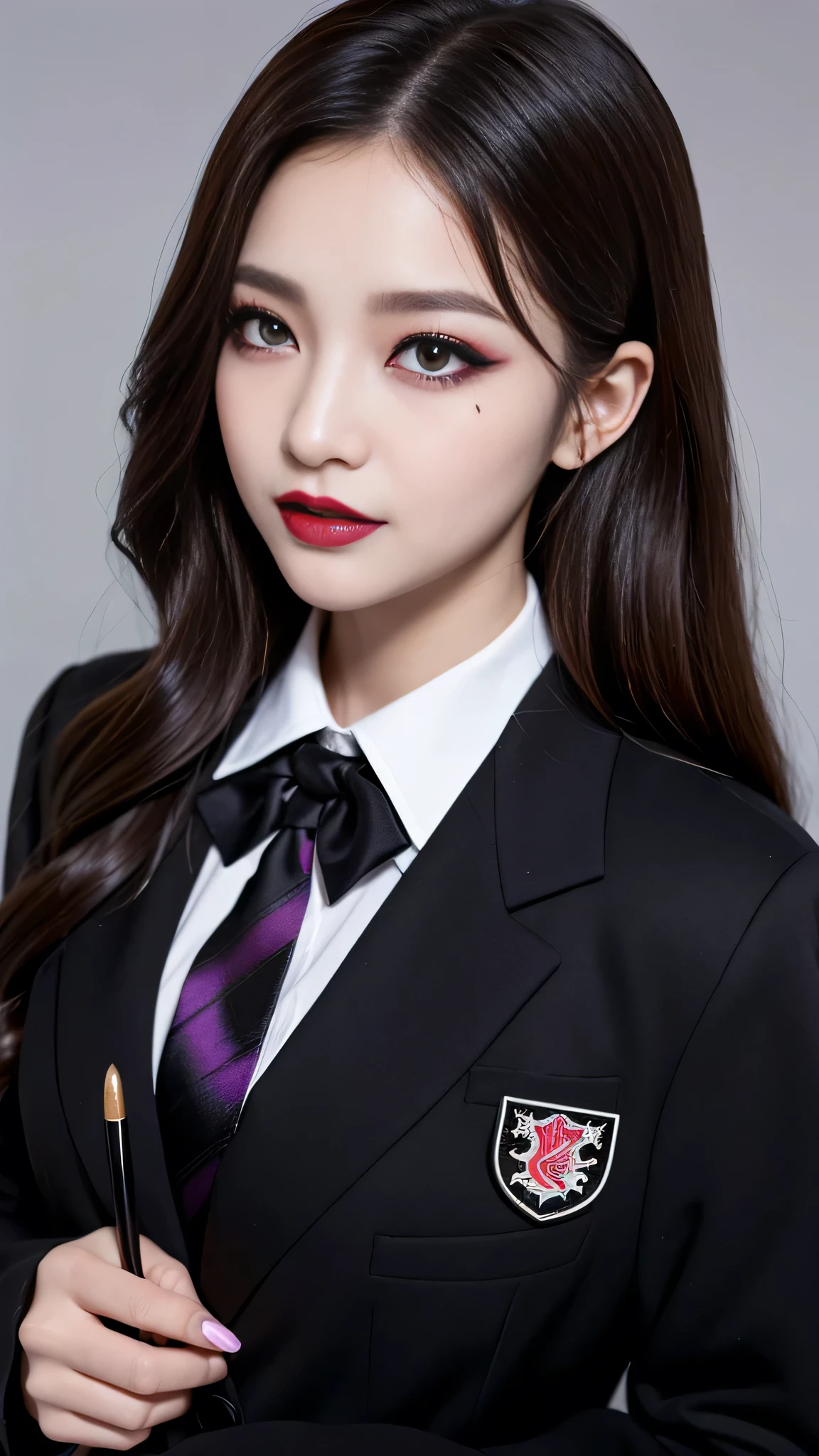 best quality、ultra-detailed、4k、Japanese、Seductive beauty、seductive adult woman、Pretty Woman、cool girl、Villainess、Brainwashed、brainwash、Fallen into evil、smirk、Evil look、Wicked Smile、evil、Brown hair、wavy hair、、dark makeup、dark makeup、piercing eyes、hollow eyes,half-closed eyes、Hollow Eyes、purple Eyeshadow、black lipstick、black lipglos、student、uniform、Black blazer、White Shirt、Black Ribbon、flare skirt、night、inside school、Have lipstick、Emblem of Evil、Crest of Darkness、Swear allegiance、I have pledged my allegiance、Dye black、Blackening、Stained with evil、Dyed in darkness、Seduce