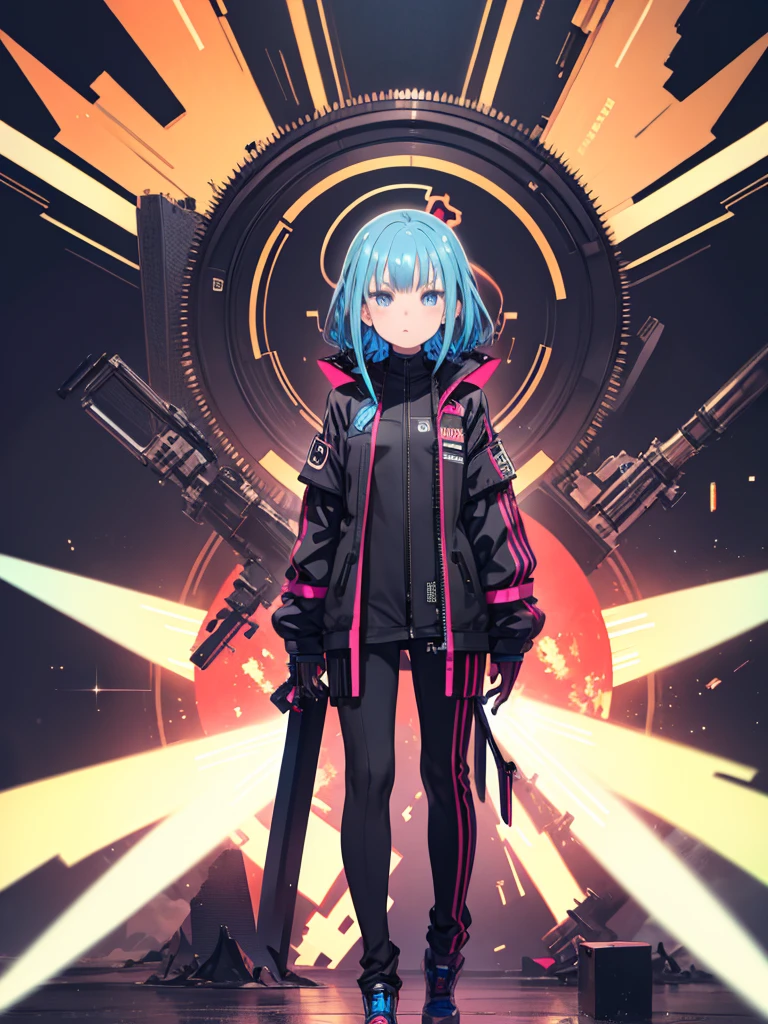 Anime girl with blue hair and black leather clothes posing in front of a neon background、Glowing Eyes, Colorful shiny hair, Wearing a SF jacket, Anime Style, Attention to detail, Futurism, Shining Light, 超High resolution, retina, masterpiece, Accurate, Anatomically correct, Textured skin, Super Detail, Attention to details, high quality, Awards, 最high quality, High resolution