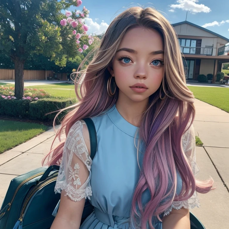 Sydney Sweeney, masterpiece, best quality, spring outfit, colorful hair,  outdoor,cloud ,upper body,