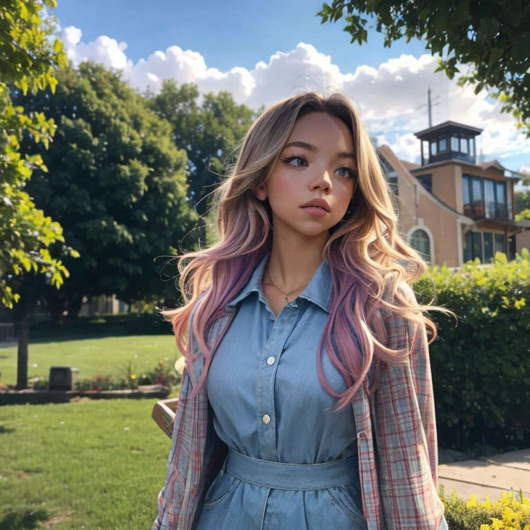 Sydney Sweeney, masterpiece, best quality, spring outfit, colorful hair, outdoor,cloud ,upper body,