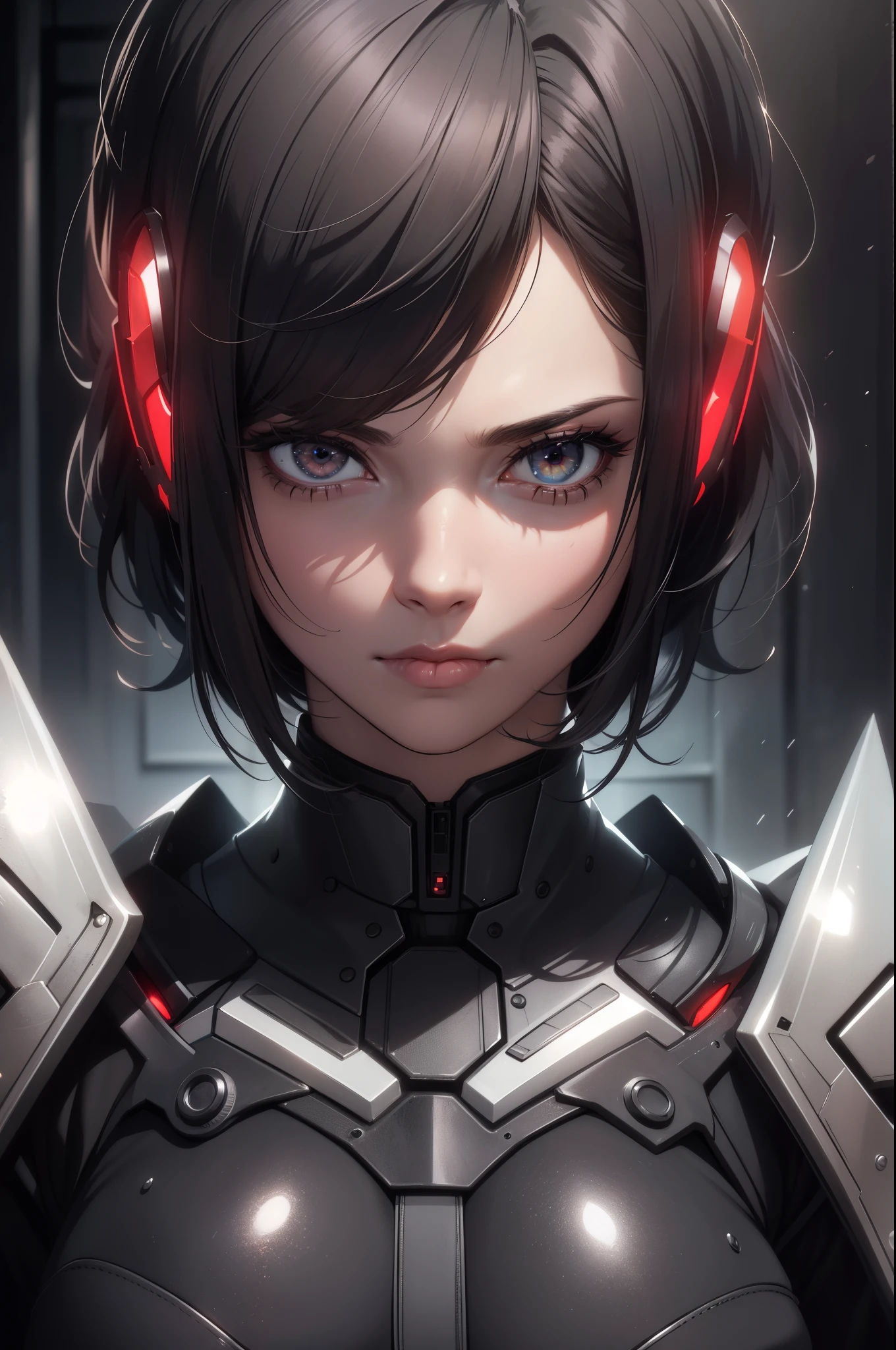 (best quality,4k,8k,highres,masterpiece:1.2),ultra-detailed,(realistic,photorealistic,photo-realistic:1.37),portrait,digital painting,studio lighting,dark fantasy,red color scheme,moody atmosphere,sharp focus,beautiful detailed eyes,beautiful detailed lips,detailed facial features,long eyelashes,solo female,short hair,bob cut,bangs covering one eye,emotionless expression,bodysuit armor,reflective surface,glowing symbols,mysterious background