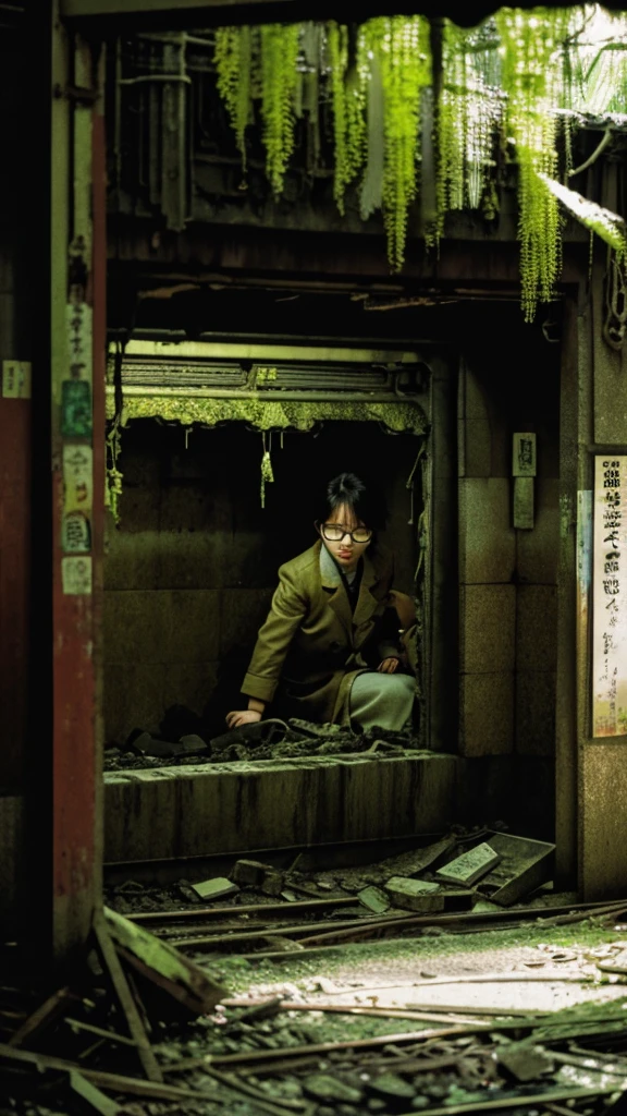 subway,moss,Showa,Collapse,Devastation,Inside the ruins,Glasses,Women,adventure,Black and White,