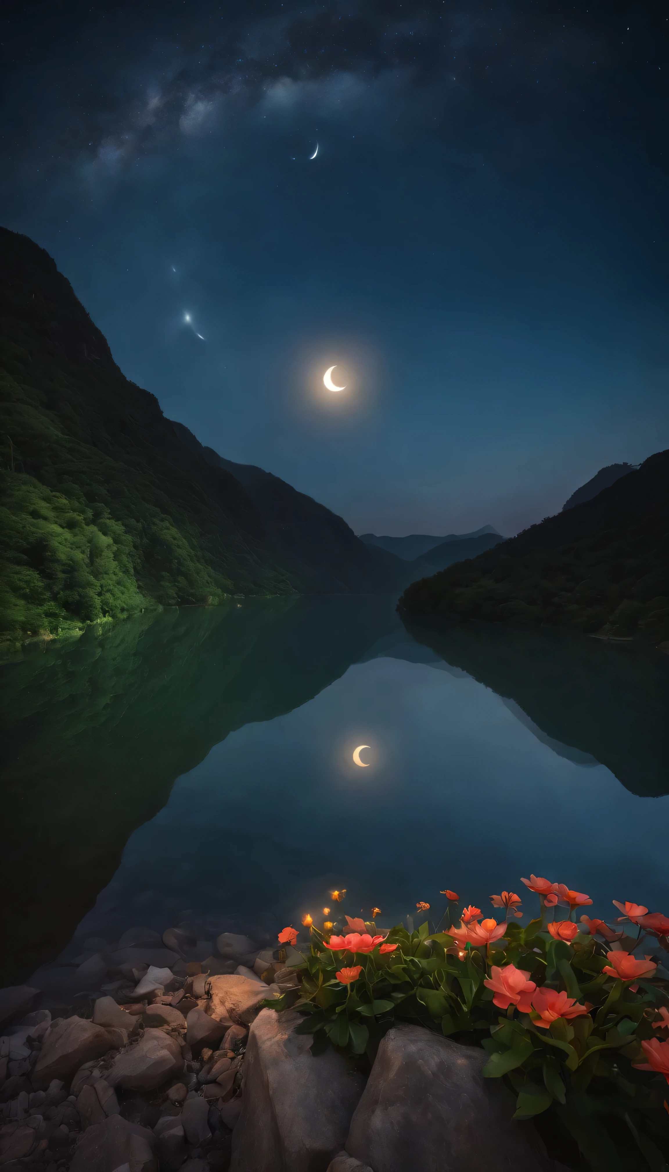 At night、Only the moonlight illuminates the serene scene、The curved moon in the sky gives off a mysterious glow.。Distant Mountain々You can see the waterfall.、Appears silhouetted against a celestial background。The beautiful big flower nearby、Petals fully open、Reveals a large glowing red center。The sound of the water flowing next to the pond creates a relaxing atmosphere.。Filled with summer fun。The curved moon and stars in the sky blend together、Nature itself creates intricate patterns on this stunning wallpaper.。