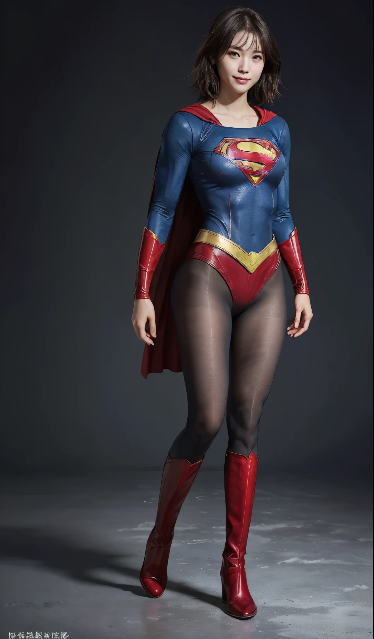 No background、(((Beautiful legs in black tights.)))、(((Legally express the beauty of your smile)))、((((Make the most of your original images)))、(((Supergirl Costume)))、(((Beautiful short bob hair)))、(((suffering)))、(((Please wear black tights....、Wear red boots)))、((Best image quality、8k))、((highest quality、8k、masterpiece:1.3))、(((Preserve background )))、Sharp focus:1.2、Beautiful woman with perfect figure:1.4、Slim Abs:1.2、Wet body:1.5、Highly detailed face and skin texture、8k