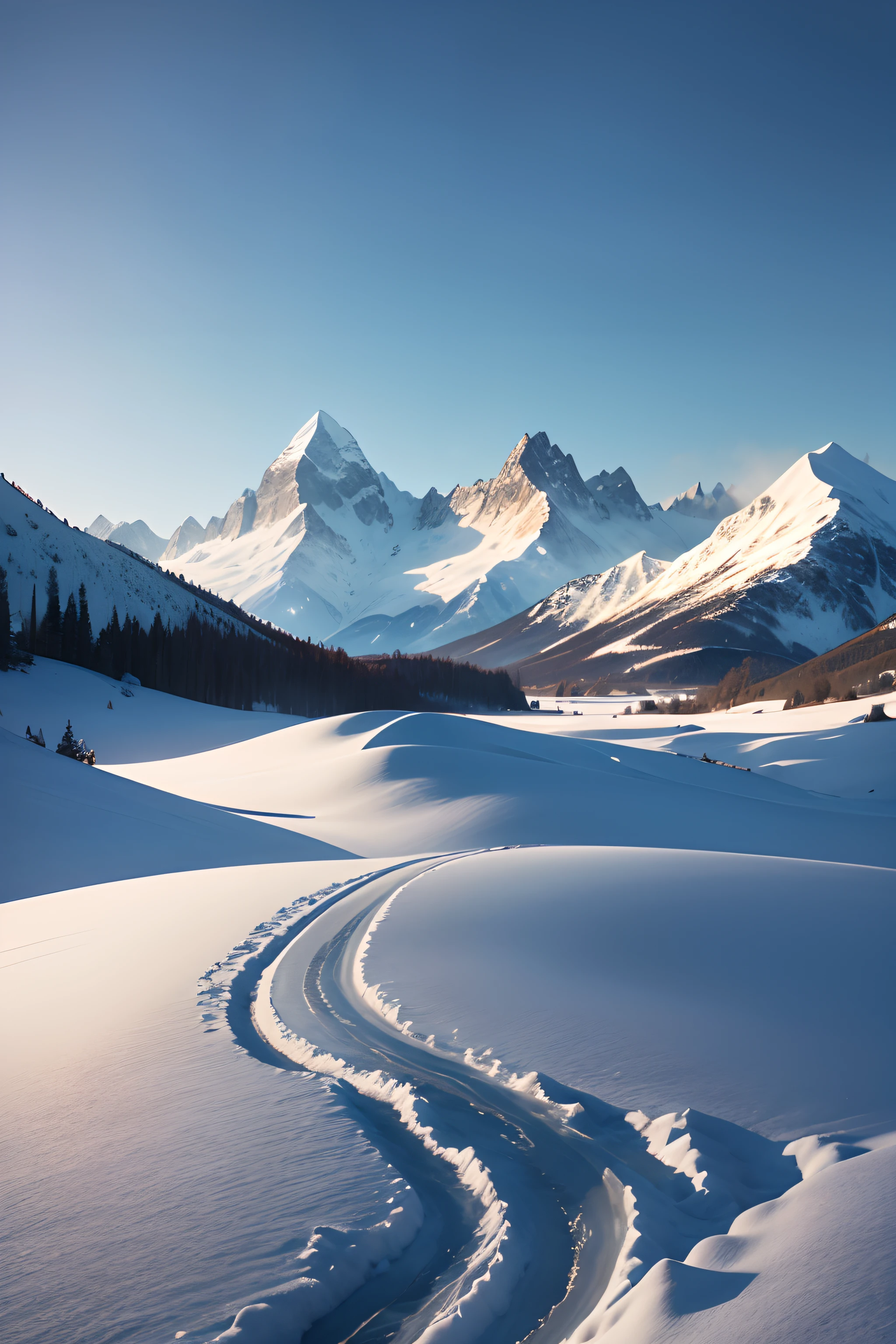 In the distance are majestic snow-capped mountains,The sky is dark blue,4K Ultra HD, Ultra-high resolution, (Photorealistic: 1.4), Best quality,Masterpiece,(pastel colour:1.2)