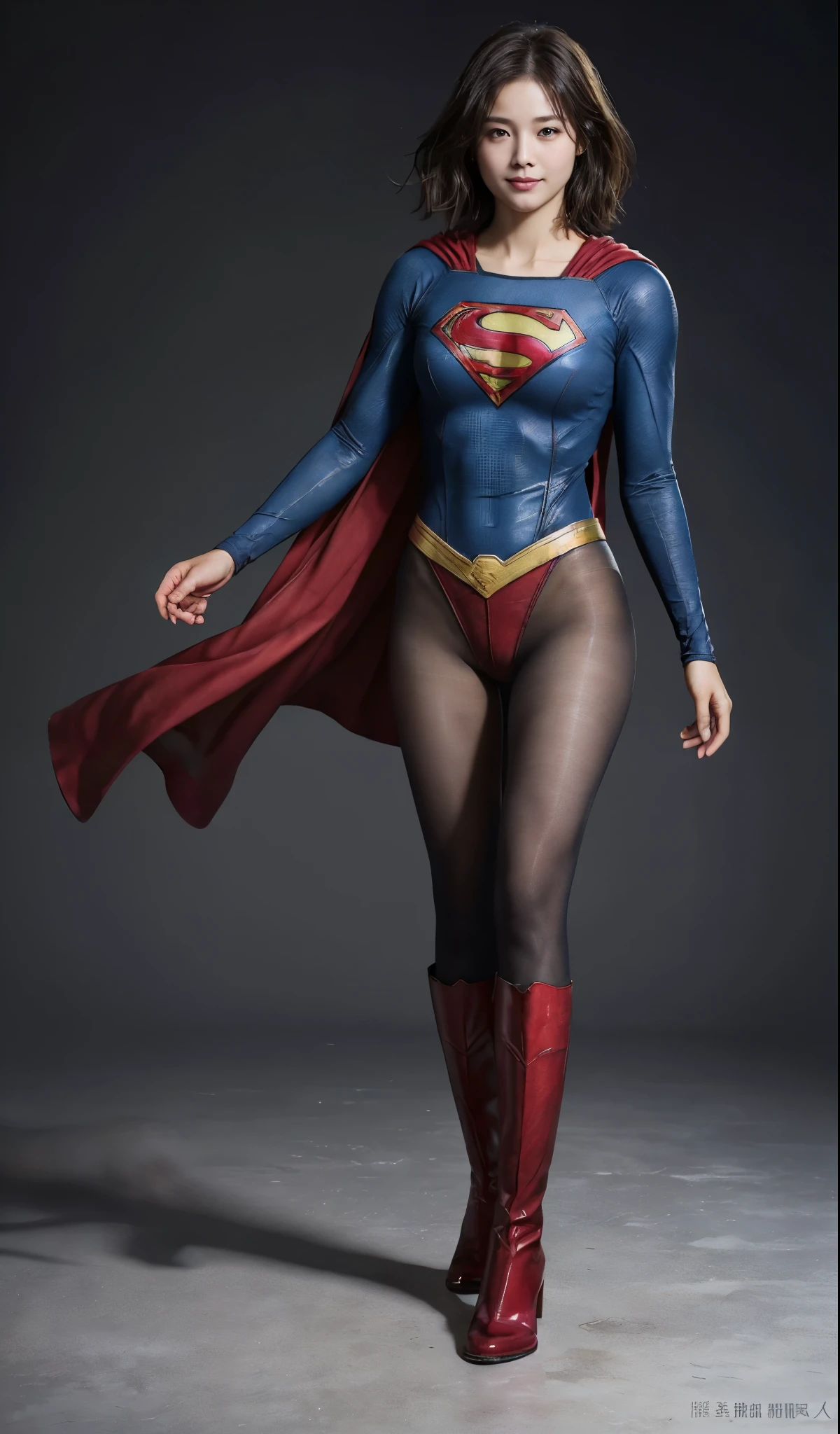 No background、(((Beautiful legs in black tights.)))、(((Legally express the beauty of your smile)))、((((Make the most of your original images)))、(((Supergirl Costume)))、(((Beautiful short bob hair)))、(((suffering)))、(((Please wear black tights....、Wear red boots)))、((Best image quality、8k))、((highest quality、8k、masterpiece:1.3))、(((Preserve background )))、Sharp focus:1.2、Beautiful woman with perfect figure:1.4、Slim Abs:1.2、Wet body:1.5、Highly detailed face and skin texture、8k