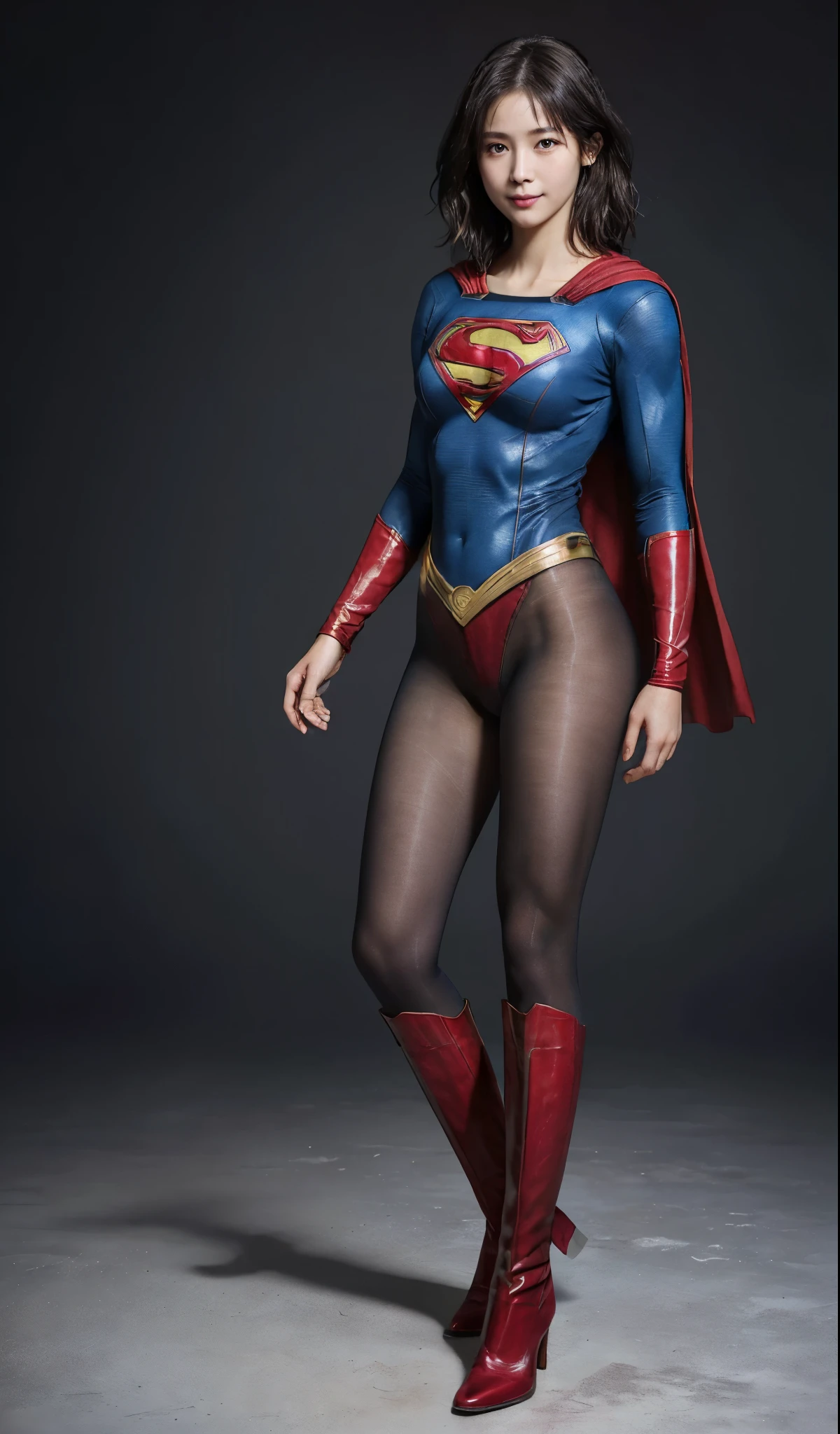 No background、(((Beautiful legs in black tights.)))、(((Legally express the beauty of your smile)))、((((Make the most of your original images)))、(((Supergirl Costume)))、(((Beautiful short bob hair)))、(((suffering)))、(((Please wear black tights....、Wear red boots)))、((Best image quality、8k))、((highest quality、8k、masterpiece:1.3))、(((Preserve background )))、Sharp focus:1.2、Beautiful woman with perfect figure:1.4、Slim Abs:1.2、Wet body:1.5、Highly detailed face and skin texture、8k