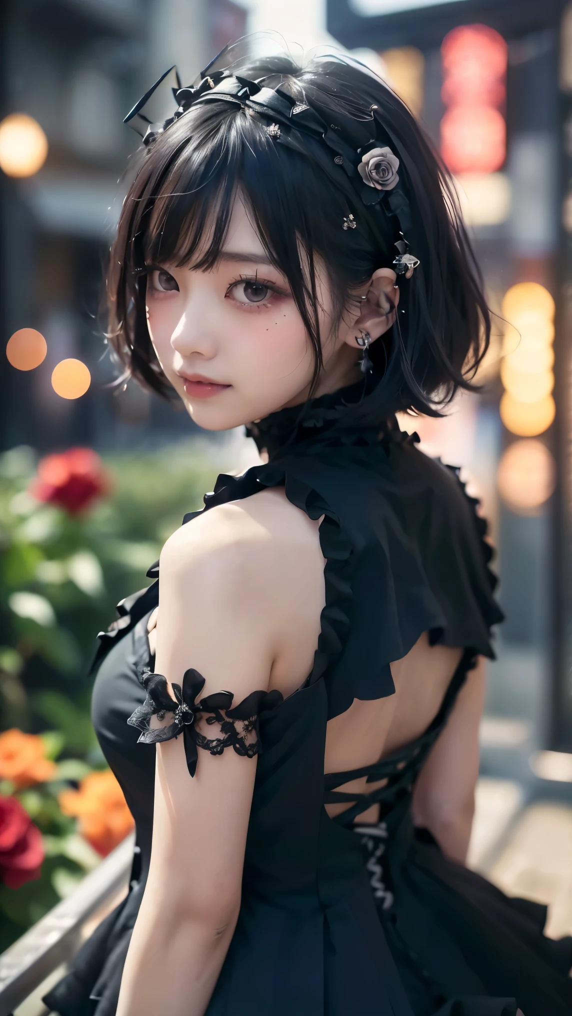Surreal、A masterpiece of delicate and detailed line drawing、Highest quality、Highest quality、(One Woman、16 years old、(Big Breasts:1.3), (Big Ass:1.3)、(Black Hair、Hime cut, short hair:1.2)、(Natural Makeup、Eyelash extensions、Draw eyelashes sharply、Eyebrows are thin and short、Deep orange blush:1.1)、(Spaced out、Looks sleepy、Open your mouth、Slightly red cheeks:1.2)、(Simple black hair accessories、Gothic dress with exposed chest:1.3))、Dark Rose Gardens、Purple Rose、(Blur the background:1.3)、(Top view of the subject:1.1)、Photo from thigh up
