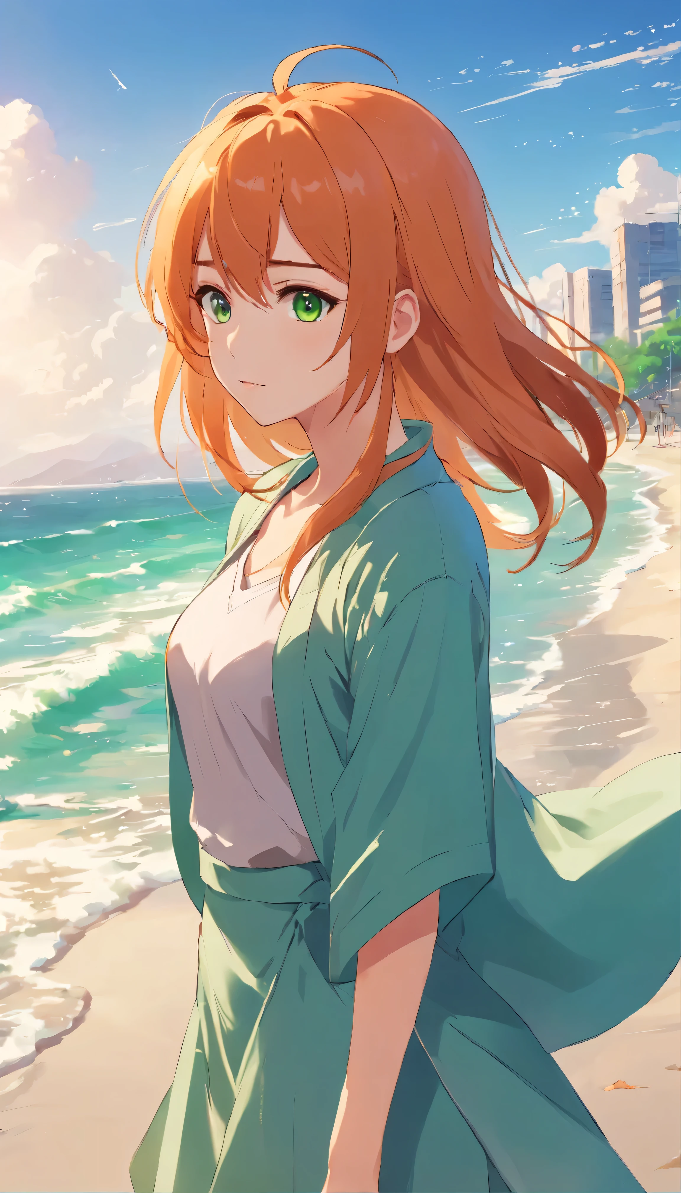 anime girl with long orange hair standing on beach near ocean, green eyes detailed digital anime art, anime girl with long hair, smooth anime cg art, anime girl with long hair, digital anime art, artwork in the style of guweiz, beautiful anime portrait, photorealistic anime girl render, beautiful anime girl, advanced digital anime art, guweiz on artstation pixiv HD UHD HQ
