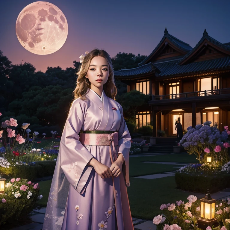 Sydney Sweeney, best quality, high_resolution, distinct_image, detailed background ,girl, hanbok,flower,garden,moon, night,