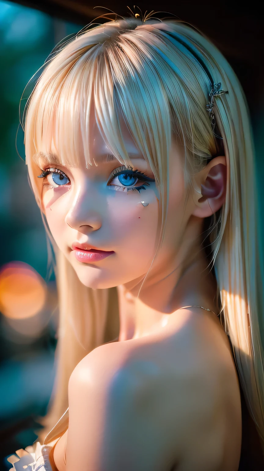 night, Raw photo, (((Very beautiful portrait))), (Glowing Skin)), 1 girl, 16 year old beautiful girl from Prague, (((Natural platinum blonde hair)), [Bright Blue Eyes], Super long hair, eyeliner, Fluttering Hair, bangs over eyes、Vibrant, ((masterpiece, 最high quality, Ultra Detail, Cinematic Light, Intricate details, High resolution, 8K, Very detailed)), Detail Background, 8K uhd, Digital single-lens reflex camera, Soft lighting, high quality, Film Grain, Fujifilm XT3, Shallow depth of field, Natural light, (Perfect hands), Perfect Face, View from afar、Small Face Beauty、