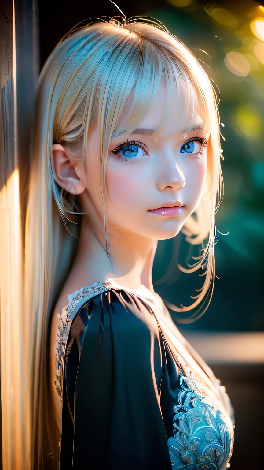 night, Raw photo, (((Very beautiful portrait))), (Glowing Skin)), 1 girl, 16 year old beautiful girl from Prague, (((Natural platinum blonde hair)), [Bright Blue Eyes], Super long hair, eyeliner, Fluttering Hair, bangs over eyes、Vibrant, ((masterpiece, 最high quality, Ultra Detail, Cinematic Light, Intricate details, High resolution, 8K, Very detailed)), Detail Background, 8K uhd, Digital single-lens reflex camera, Soft lighting, high quality, Film Grain, Fujifilm XT3, Shallow depth of field, Natural light, (Perfect hands), Perfect Face, View from afar、Small Face Beauty、