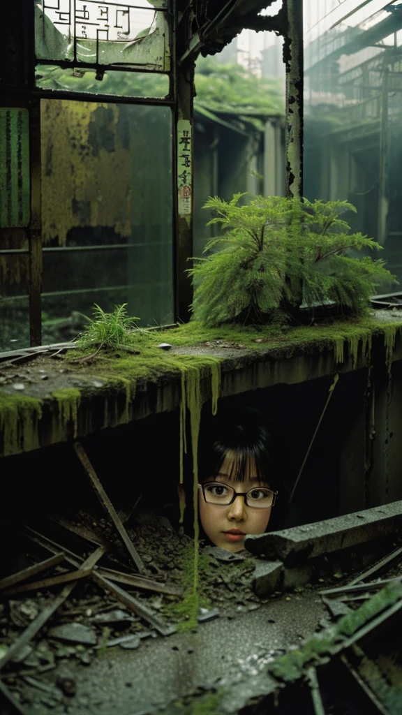 underground,moss,Collapse,Devastation,Inside the ruins is narrow,Showa,Glasses,Women,adventure,Black and White,