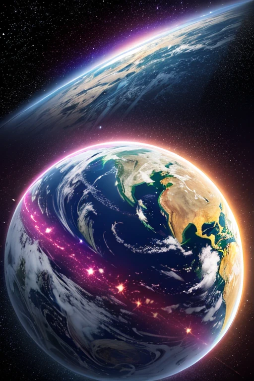 A galaxy with earth in sight, neon colors