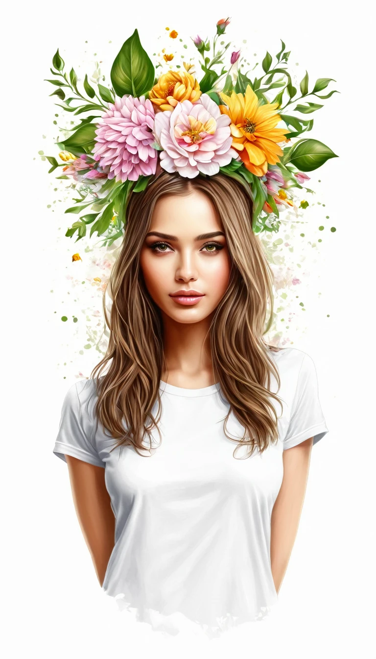 Woman with flowers on her head, vetor, cores vivas realistas, fundo branco, imagem detalhada, vetor feito para estampa de camiseta, 2D, Realistic image