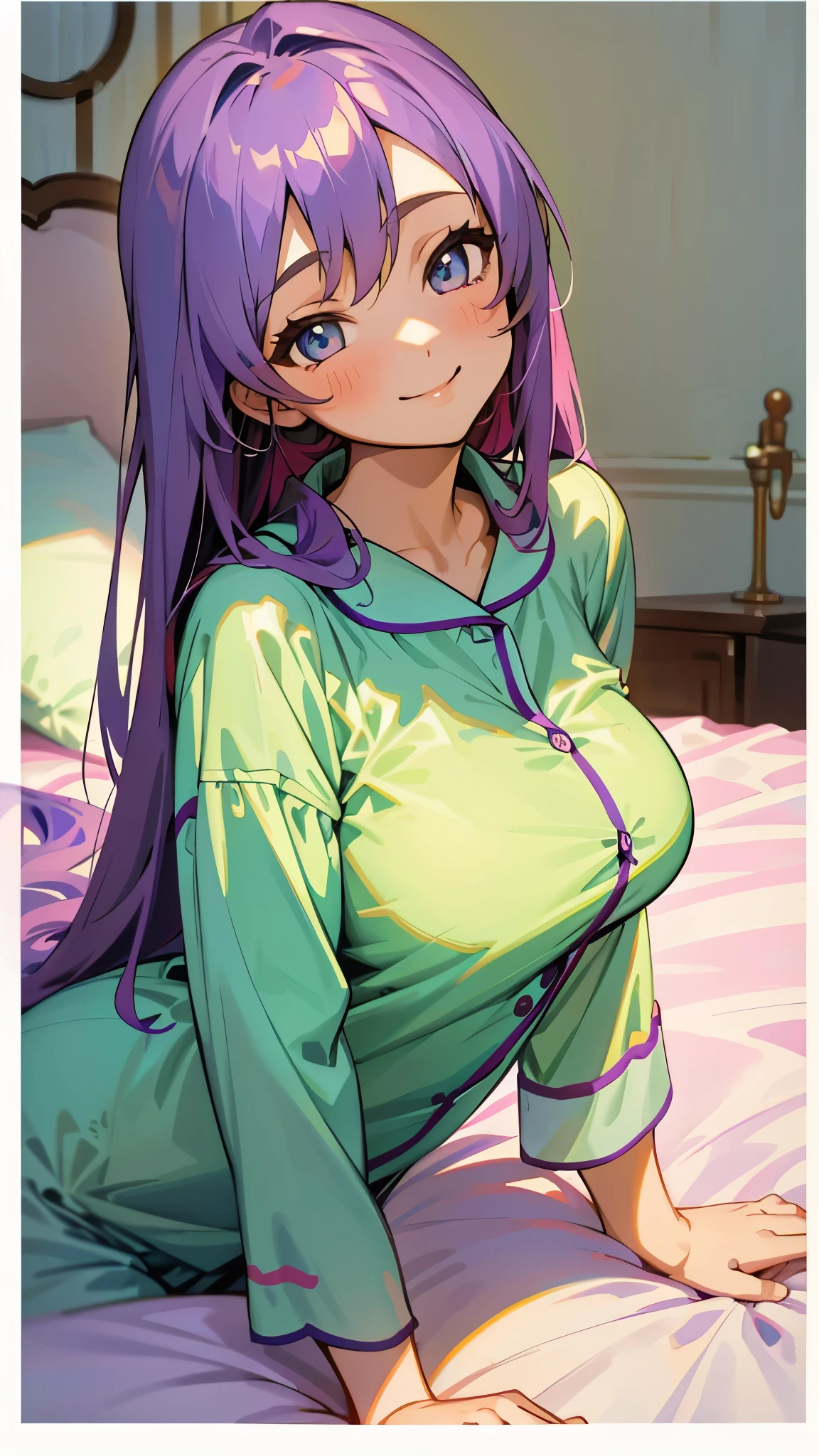 18-year-old girl sitting on bed、alone、Anime style painting、Wearing pajamas、beautiful purple beautiful eyes,  Long Hair,  Big and ample breasts、smile、smile、The soft texture of pajamas、Upper body close-up、Orange and green colours、Background Blur、Depth of the drawn border