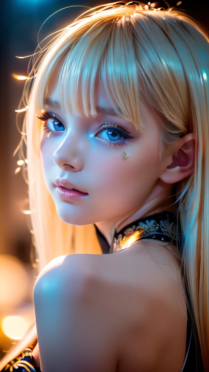 night, Raw photo, (((Very beautiful portrait))), (Glowing Skin)), 1 girl,  beautiful girl from Prague, (((Natural platinum blonde hair)), [Bright Blue Eyes], Super long hair, eyeliner, Fluttering Hair, bangs over eyes、Vibrant, ((masterpiece, 最high quality, Ultra Detail, Cinematic Light, Intricate details, High resolution, 8K, Very detailed)), Detail Background, 8K uhd, Digital single-lens reflex camera, Soft lighting, high quality, Film Grain, Fujifilm XT3, Shallow depth of field, Natural light, (Perfect hands), Perfect Face, View from afar、Small Face Beauty、