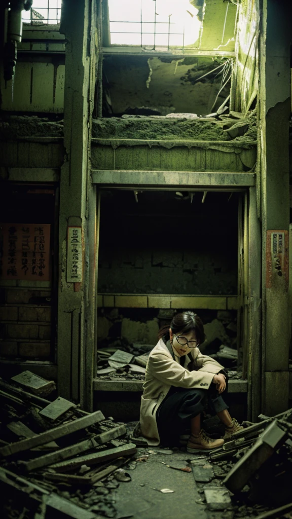 subway,moss,Showa,Collapse,Devastation,Inside the ruins,Glasses,Women,adventure,Black and White,
