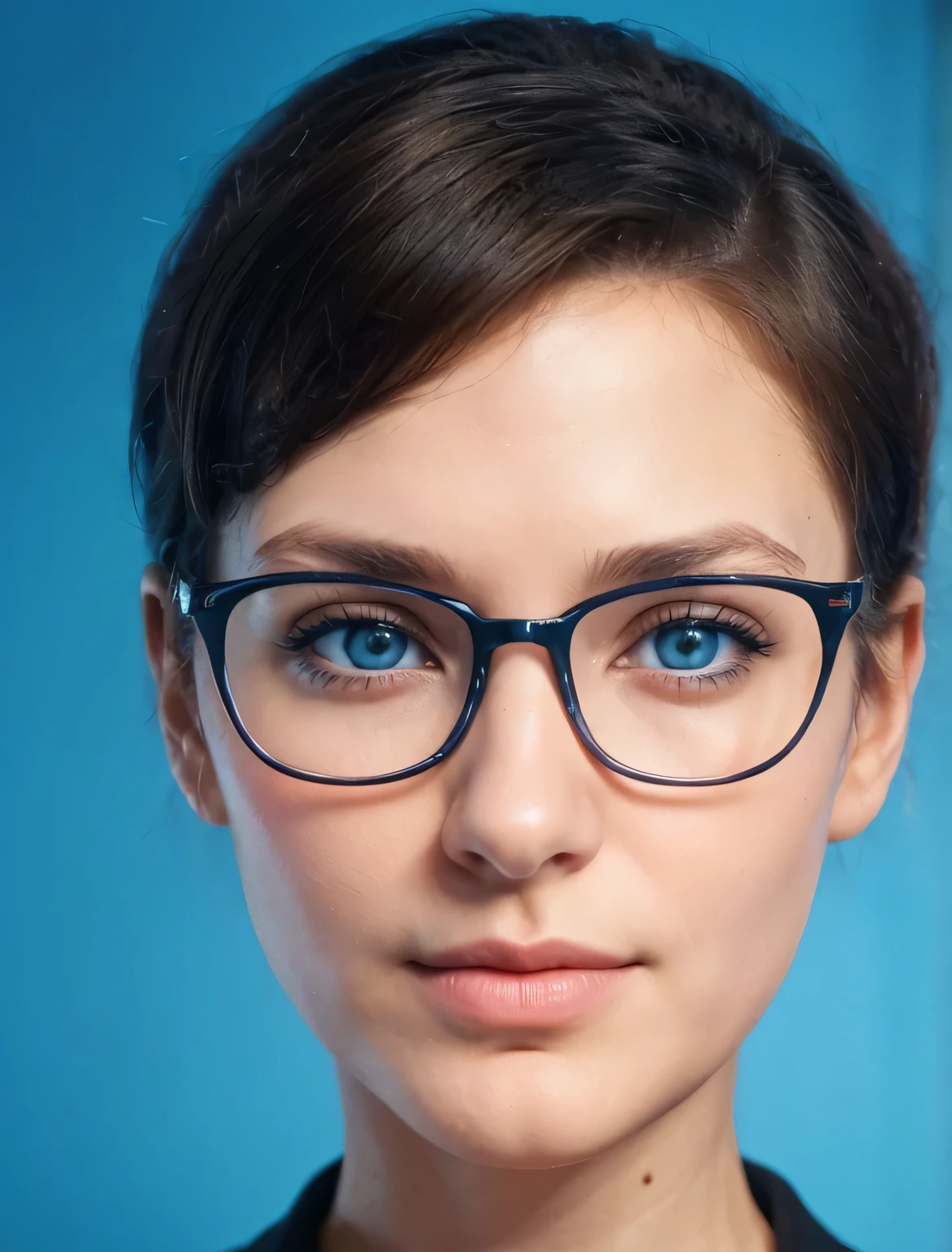 Female 35 years old with blue eyes, small Greek straight nose, lower lip chubbier than upper lip, face looking straight into camera full-face, round face, structured skin, goosebumps, with brown hair tucked back, round face, bangs swept back to head, slight smile, looking into camera, skinny standing in office, wearing beige business suit, deep-set eyes, ((harsh lighting: 1. 4)), Velvia 100 color, shot on Cinestill 800T, sharp focus on subject.