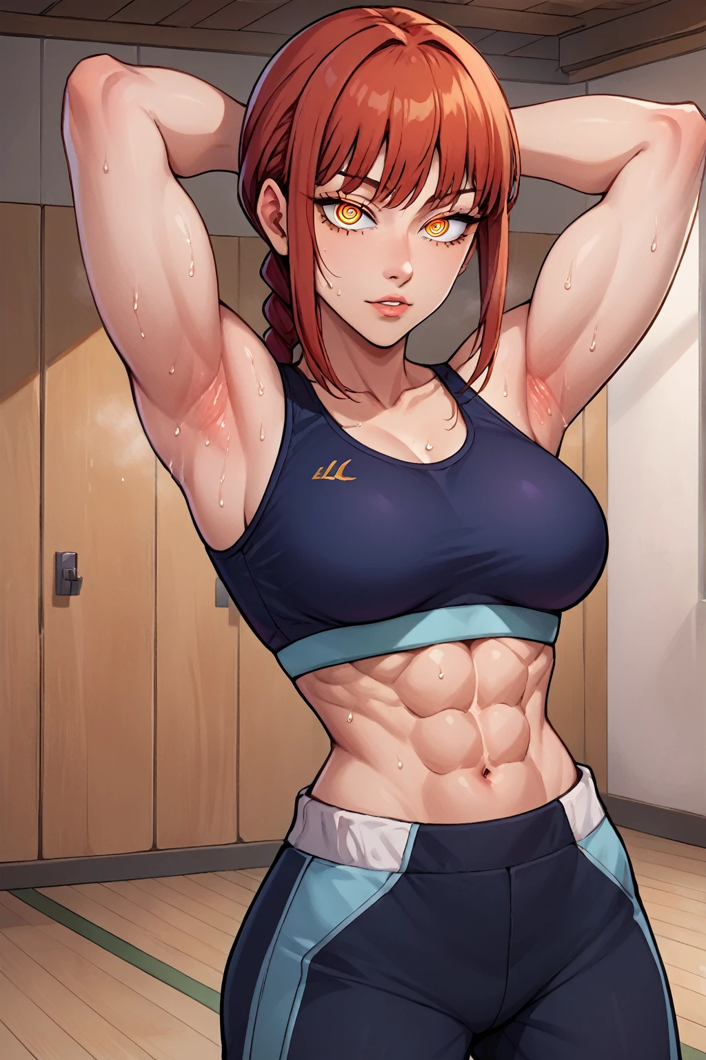 1girl, makima_(chainsaw_man), ringed_eyes, solo, red_hair, breasts, sweat, armpits, braided_ponytail, yellow_eyes, pants, braid, black_pants, navel, looking_at_viewer, sports_bra, arms_up, arms_behind_head, abs, midriff, gym, long_hair, indoors, medium_breasts, parted_lips, cowboy_shot, sidelocks, bangs