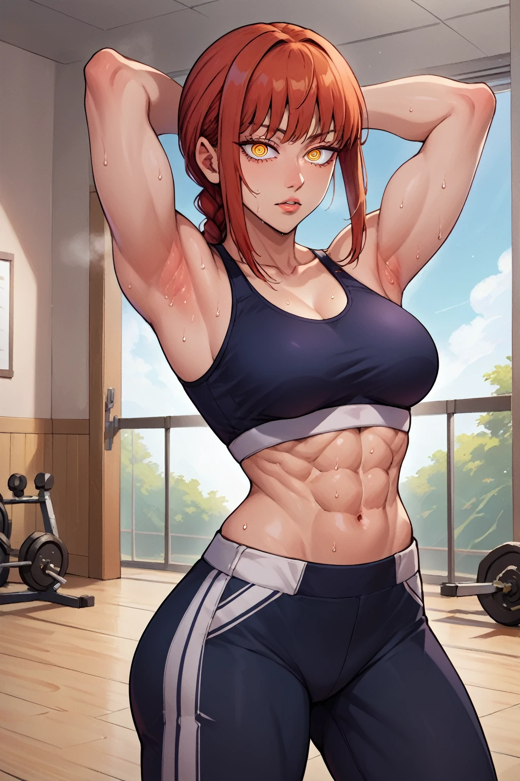 1girl, makima_(chainsaw_man), ringed_eyes, solo, red_hair, breasts, sweat, armpits, braided_ponytail, yellow_eyes, pants, braid, black_pants, navel, looking_at_viewer, sports_bra, arms_up, arms_behind_head, abs, midriff, gym, long_hair, indoors, medium_breasts, parted_lips, cowboy_shot, sidelocks, bangs