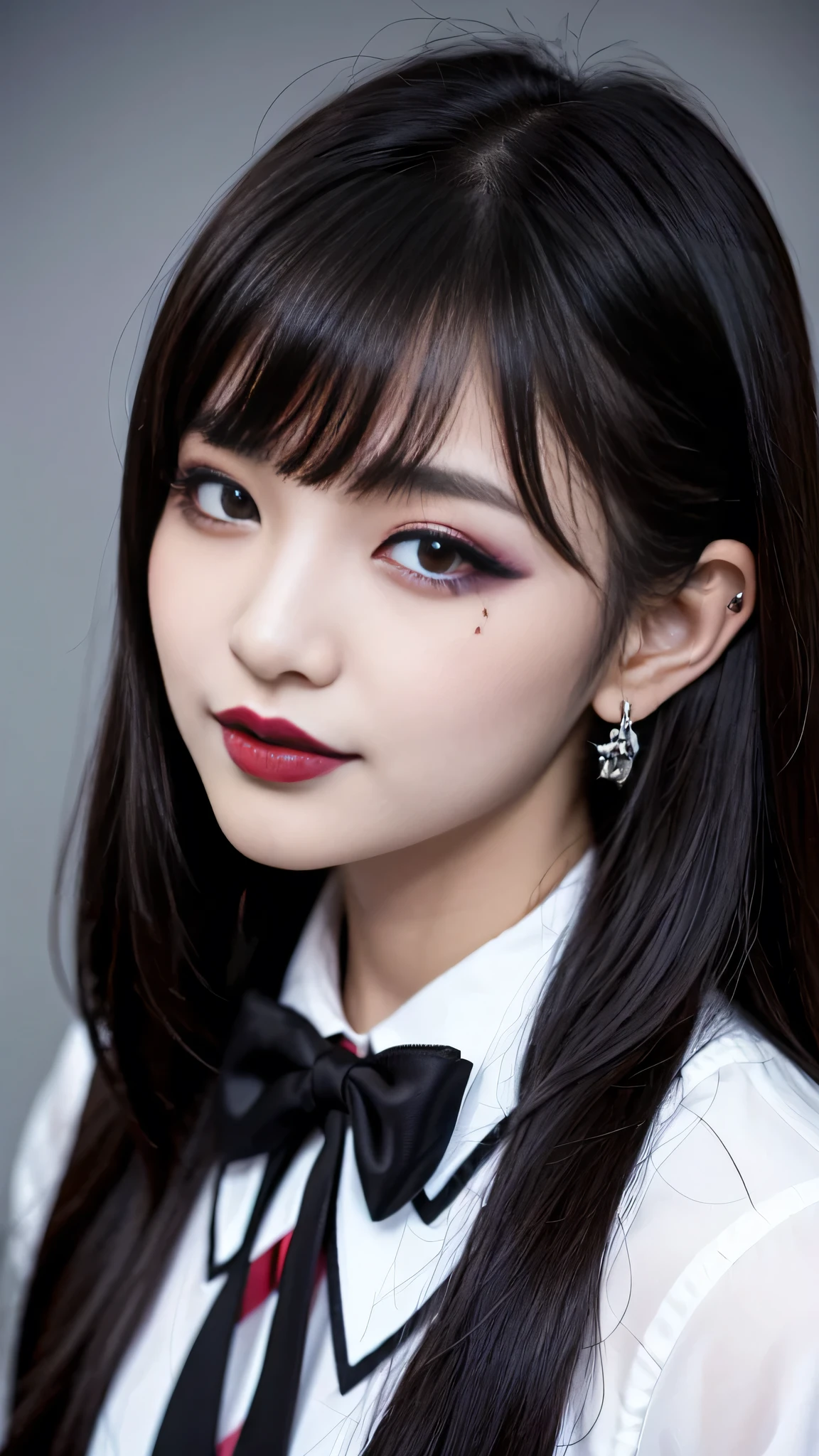best quality、ultra-detailed、4k、Japanese、Seductive beauty、seductive adult woman、Pretty Woman、cool girl、Villainess、Brainwashed、brainwash、Fallen into evil、smirk、Evil look、Wicked Smile、evil、Brown hair、wavy hair、swept bangs、dark makeup、dark makeup、piercing eyes、hollow eyes,half-closed eyes、Hollow Eyes、purple Eyeshadow、black lipstick、black lipglos、night、inside darkroom、Are standing、shoot from below、Spider-patterned full-body tights、Have lipstick、spider、Emblem of Evil、Crest of Darkness、Swear allegiance、I have pledged my allegiance、Dye black、Blackening、Stained with evil、Dyed in darkness、Seduce