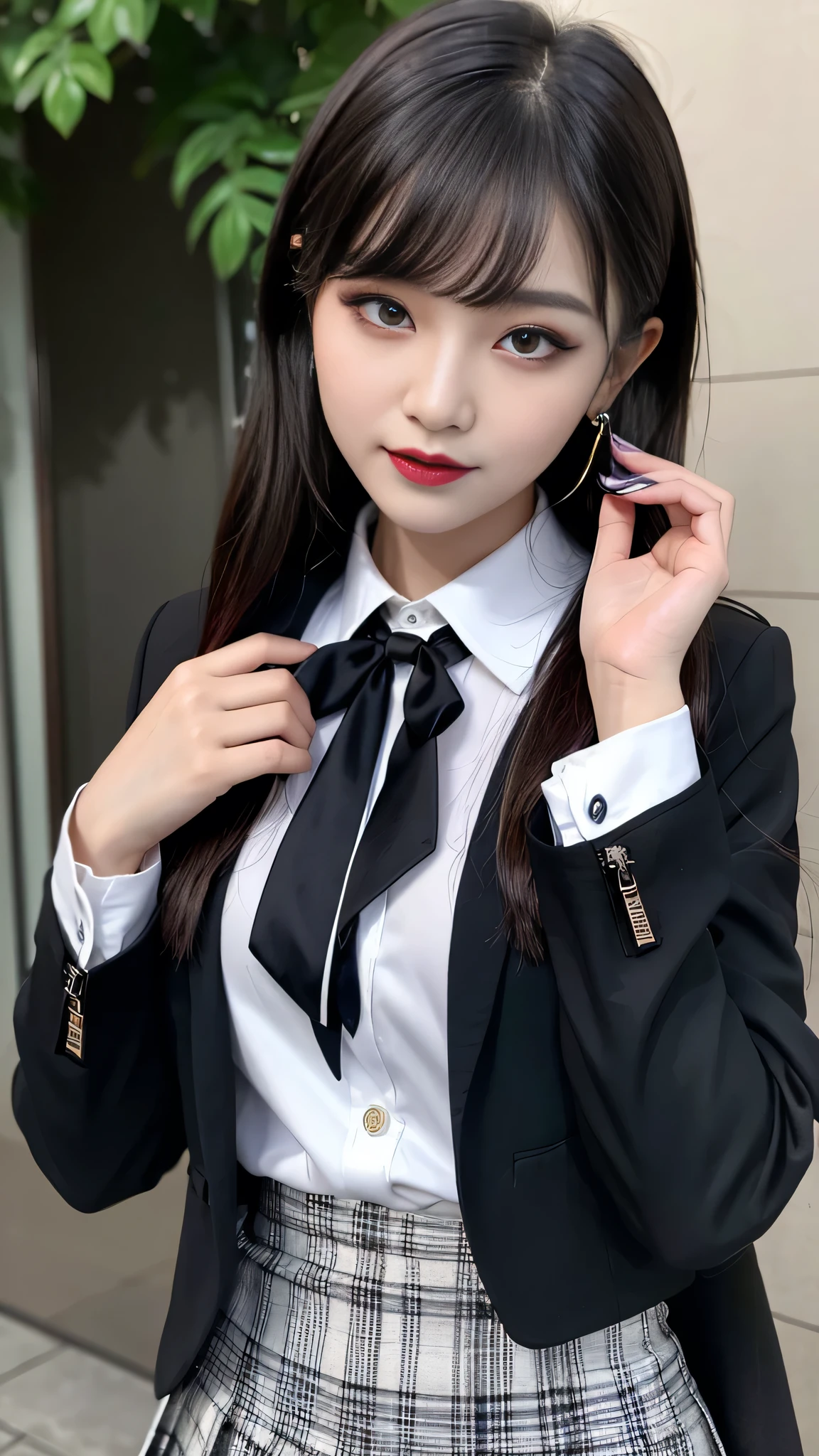 best quality、ultra-detailed、4k、Japanese、Seductive beauty、seductive adult woman、Pretty Woman、cool girl、Villainess、Brainwashed、brainwash、Fallen into evil、smirk、Evil look、Wicked Smile、evil、Brown hair、swept bangs、dark makeup、dark makeup、piercing eyes、hollow eyes,half-closed eyes、Hollow Eyes、purple Eyeshadow、black lipstick、black lipglos、student、uniform、Black blazer、White Shirt、Black Ribbon、flare skirt、night、inside school、Have lipstick、Emblem of Evil、Crest of Darkness、Swear allegiance、I have pledged my allegiance、Dye black、Blackening、Stained with evil、Dyed in darkness、Seduce
