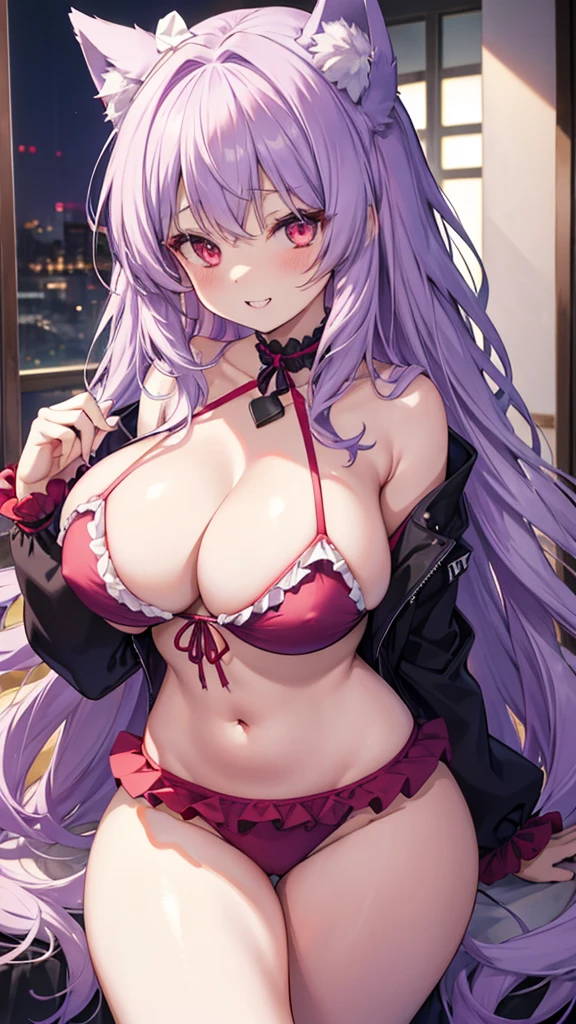 Wolf Girl, Large Breasts, Voluminous light purple hair, masterpiece , Red eyes, hd, Thick thighs, Head to Chest, buried in my chest、Double teeth、tooth、Chubby、Grinning、Frilled bikini、Big Tits