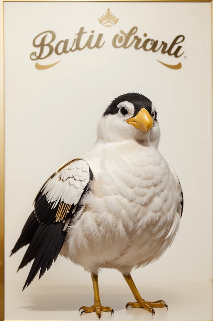 make an avatar of a smiling bird, estilo o desenho "pica pau" just with white and gold colors make him full body make him holding a blouse without black print, nao quero que seja humano