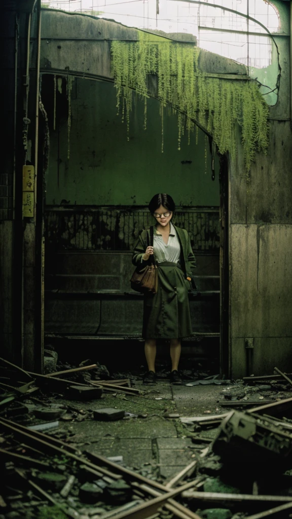 subway,moss,Showa,Collapse,Devastation,Inside the ruins,Glasses,Women,adventure,Black and White,