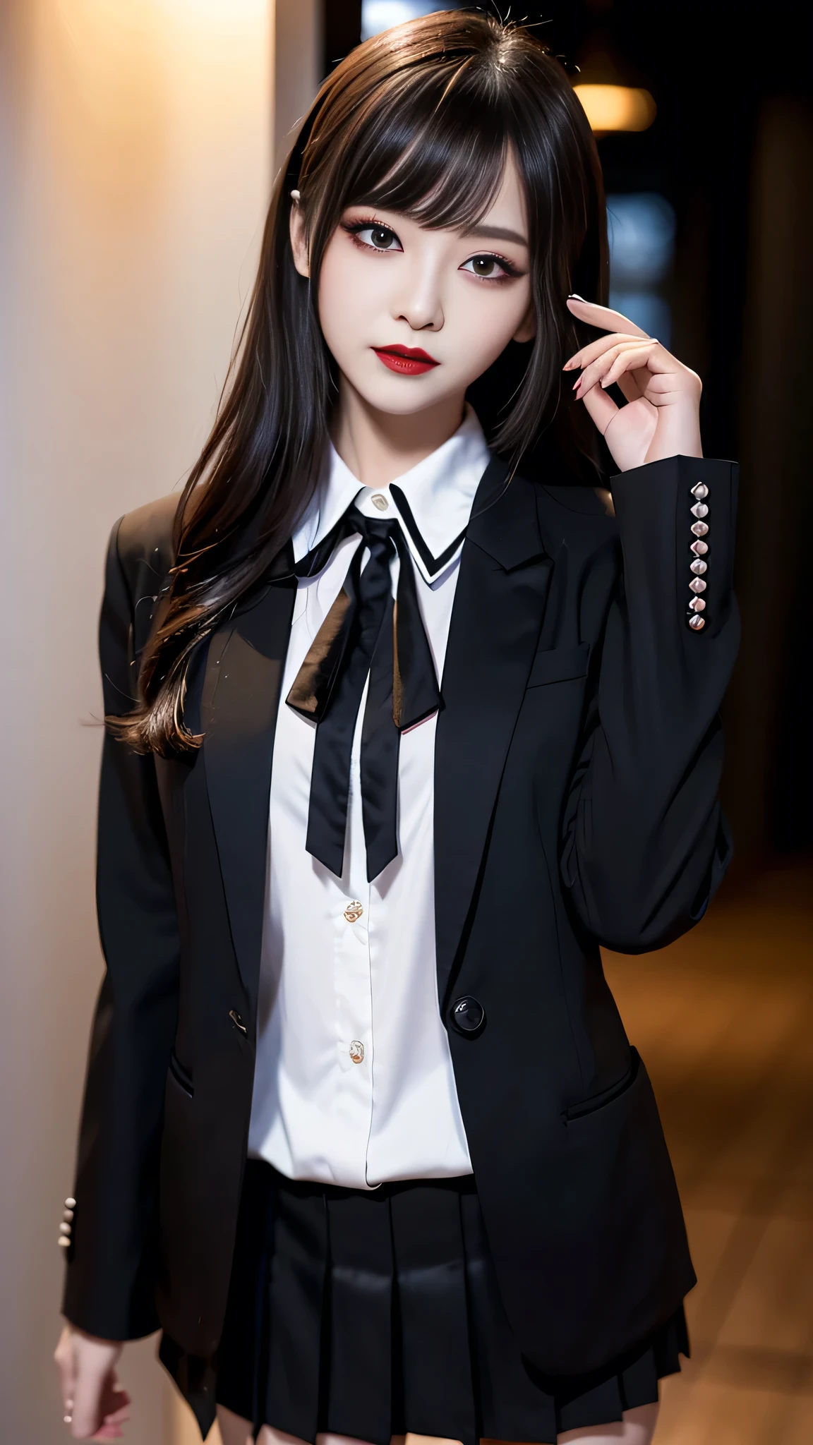 best quality、ultra-detailed、4k、Japanese、Seductive beauty、seductive adult woman、Pretty Woman、cool girl、Villainess、Brainwashed、brainwash、Fallen into evil、smirk、Evil look、Wicked Smile、evil、Brown hair、swept bangs、dark makeup、dark makeup、piercing eyes、hollow eyes,half-closed eyes、Hollow Eyes、purple Eyeshadow、black lipstick、black lipglos、student、uniform、Black blazer、White Shirt、Black Ribbon、flare skirt、night、inside school、Have lipstick、Emblem of Evil、Crest of Darkness、Swear allegiance、I have pledged my allegiance、Dye black、Blackening、Stained with evil、Dyed in darkness、Seduce
