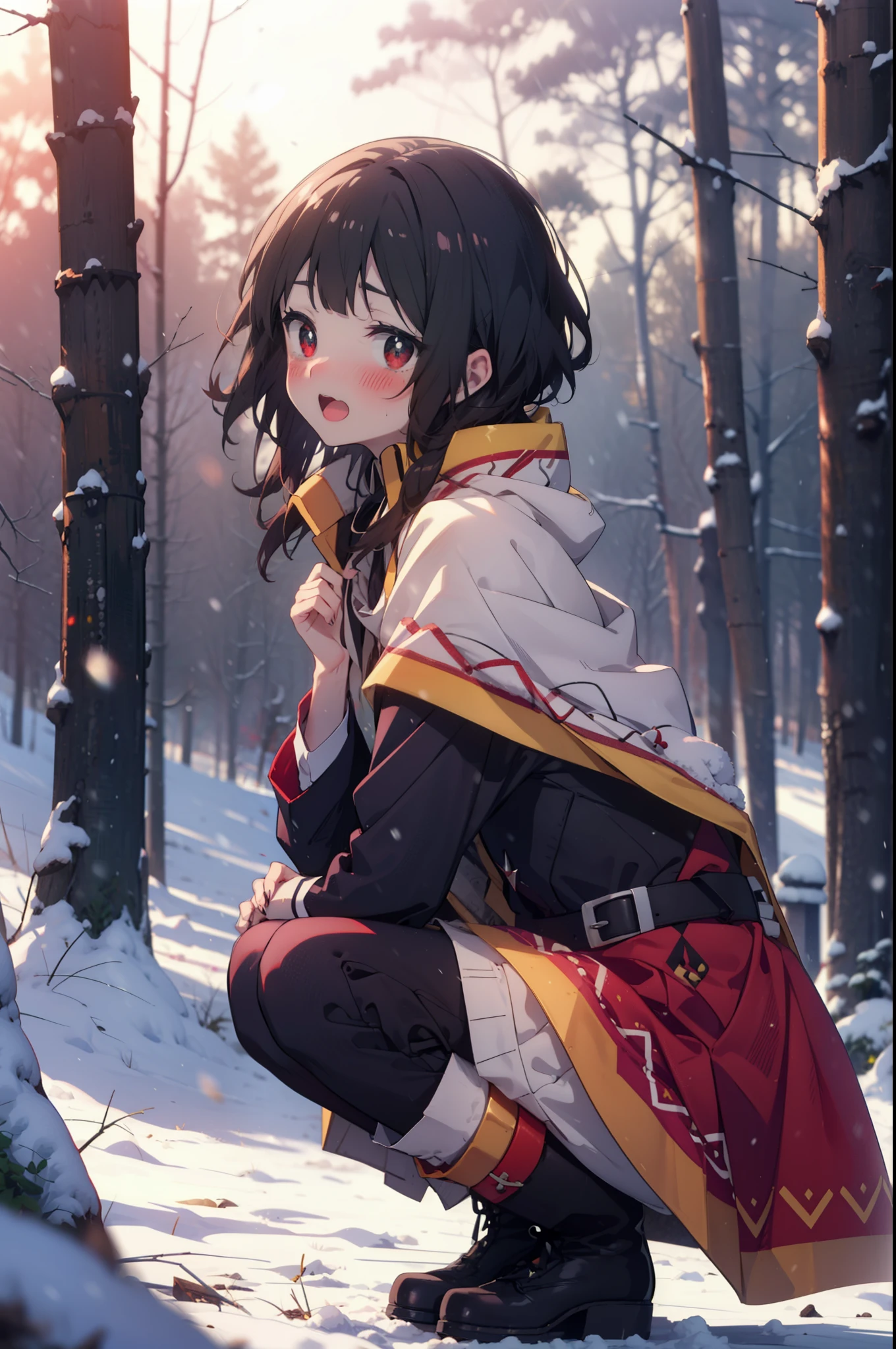 konosubaMegumin, Megumin, short hair, Black Hair, (Red eyes:1.3), short hair with long locks,happy smile,blush,White Breath,
Open your mouth,snow,A bonfire on the ground, Outdoor, boots, snowing, From the side, wood, suitcase, Cape, Blurred, Increase your meals, forest, White handbag, nature, Squat, Mouth closed, フードed Cape, winter, Written boundary depth, Black shoes, red Cape break looking at viewer, Upper Body, whole body, break Outdoor, forest, nature, break (masterpiece:1.2), highest quality, High resolution, unity 8k wallpaper, (shape:0.8), (Beautiful and beautiful eyes:1.6), Highly detailed face, Perfect lighting, Highly detailed CG, (Perfect hands, Perfect Anatomy),