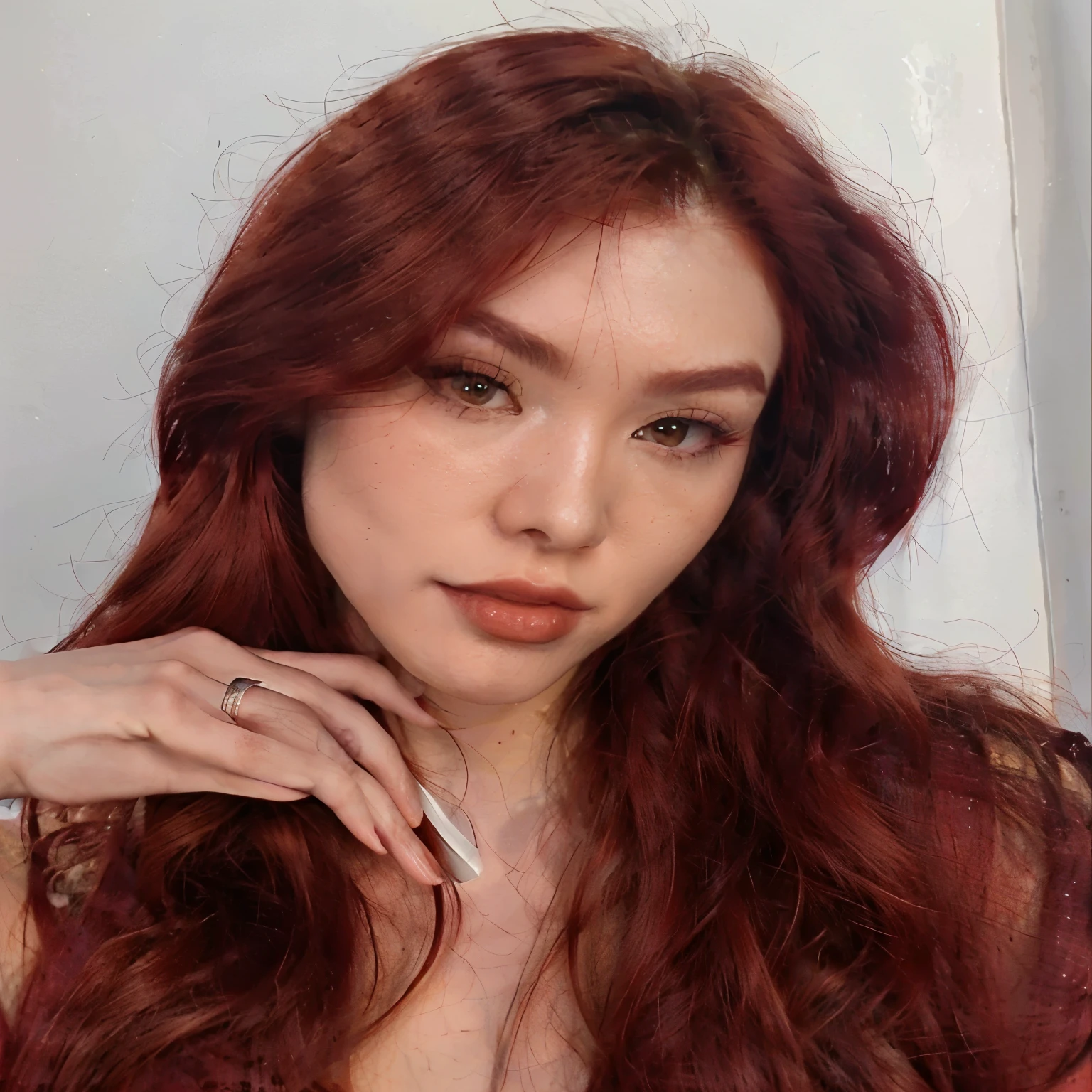 a closeup of a redhead asian woman and a ring on her finger, peluca roja, Dyed Red Hair, crimson red hair carmesí, pelo rojo y rasgos atractivos, long pelo rojo oscuro, crimson red hair y ojos rojos, pelo rojo oscuro, pelo largo rojo, long crimson hair, crimson red hair, brown pelo largo rojo, con el pelo largo y rojo