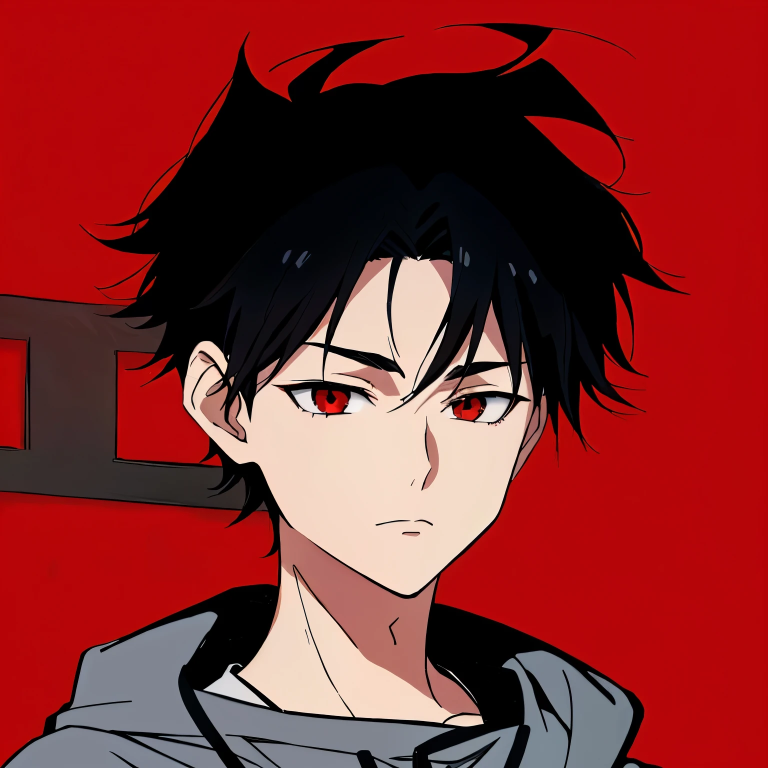 anime boy with black hair and a gray hoodie in a red room, in an anime style, demon slayer rui fanart, anime moe artstyle, in anime style, boy has short black hair, ((red)) baggy eyes, kentaro miura manga art style, anime style character, gapmoe yandere, anime boy, akira artstyle