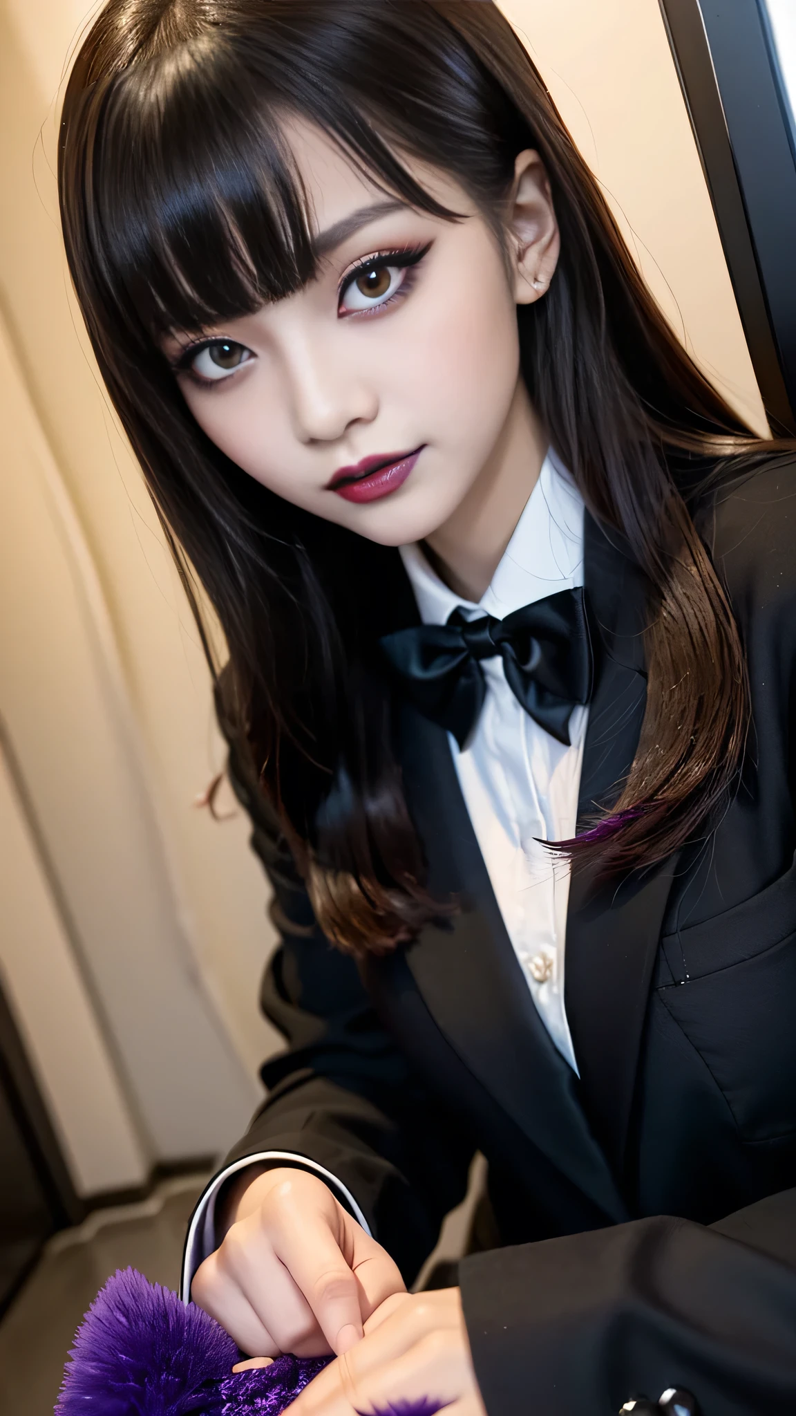 best quality、ultra-detailed、4k、Japanese、Seductive beauty、seductive adult woman、Pretty Woman、cool girl、Villainess、Brainwashed、brainwash、Fallen into evil、smirk、Evil look、Wicked Smile、evil、Brown hair、swept bangs、dark makeup、dark makeup、piercing eyes、hollow eyes,half-closed eyes、Hollow Eyes、purple Eyeshadow、black lipstick、black lipglos、student、uniform、Black blazer、White Shirt、Black Ribbon、flare skirt、night、inside school、Have lipstick、Emblem of Evil、Crest of Darkness、Swear allegiance、I have pledged my allegiance、Dye black、Blackening、Stained with evil、Dyed in darkness、Seduce