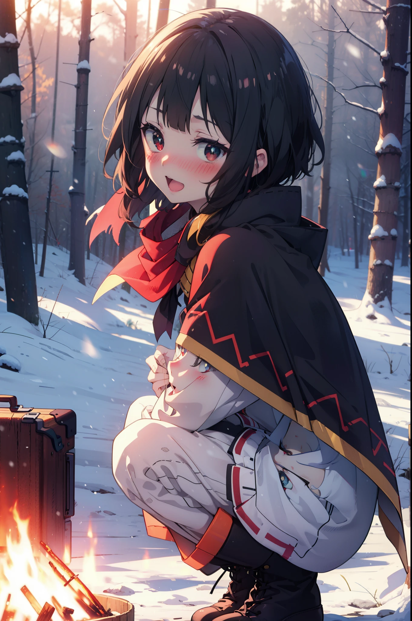 konosubaMegumin, Megumin, short hair, Black Hair, (Red eyes:1.3), short hair with long locks,happy smile,blush,White Breath,
Open your mouth,snow,A bonfire on the ground, Outdoor, boots, snowing, From the side, wood, suitcase, Cape, Blurred, Increase your meals, forest, White handbag, nature,  Squat, Mouth closed, フードed Cape, winter, Written boundary depth, Black shoes, red Cape break looking at viewer, Upper Body, whole body, break Outdoor, forest, nature, break (masterpiece:1.2), highest quality, High resolution, unity 8k wallpaper, (shape:0.8), (Beautiful and beautiful eyes:1.6), Highly detailed face, Perfect lighting, Highly detailed CG, (Perfect hands, Perfect Anatomy),