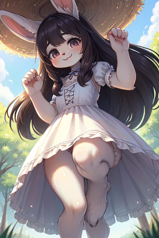 hairy rabbit mom , (glimpse realistic hairy rabbit legs:1.3) , round face , (tilt face:1.1) , (half-open eyes:1.2) , moist round eyes , Swollen cheeks , dark color hair , long hair , lively smile , glossy lips , light color gothic summer dress , world of Alice in Wonderland , Hair fluttering in the wind , elegant pose , dynamic angle