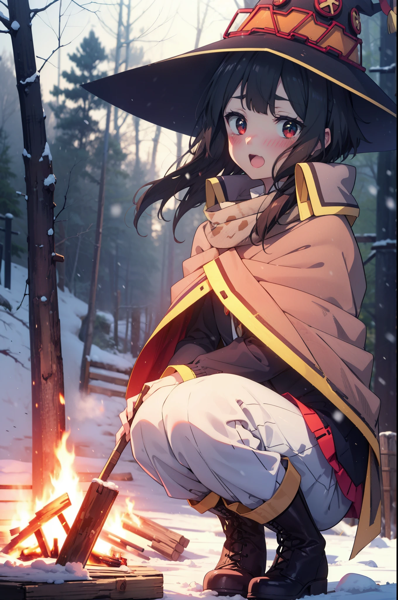 konosubaMegumin, Megumin, short hair, Black Hair, (Red eyes:1.3), short hair with long locks,happy smile,blush,White Breath,
Open your mouth,snow,A bonfire on the ground, Outdoor, boots, snowing, From the side, wood, suitcase, Cape, Blurred, Increase your meals, forest, White handbag, nature,  Squat, Mouth closed, フードed Cape, winter, Written boundary depth, Black shoes, red Cape break looking at viewer, Upper Body, whole body, break Outdoor, forest, nature, break (masterpiece:1.2), highest quality, High resolution, unity 8k wallpaper, (shape:0.8), (Beautiful and beautiful eyes:1.6), Highly detailed face, Perfect lighting, Highly detailed CG, (Perfect hands, Perfect Anatomy),
