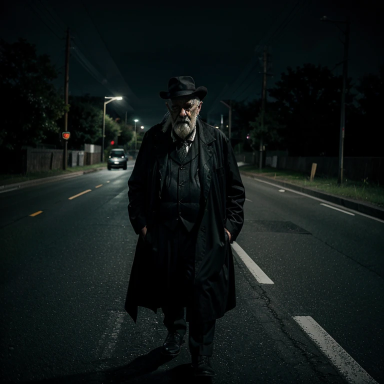 Dark lonely and gloomy road with a curve, scary looking old man is crossing with a cane