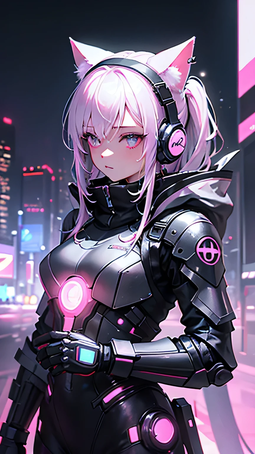This image contains、Featuring a female character designed in a futuristic cyberpunk style。Her characteristics are、With piercing pink eyes and silver-grey hair、The head is equipped with a distinctive pink cat ear headset.。The lower half of his face is covered by a black mask.、Many of her expressions are hidden、Only the eyes are clearly visible、It gives a mysterious impression。
Her outfit resembles battle armor with highly detailed and intricate designs.、The black and dark grey colour scheme is accented with pink lights.。The armor has a functional look.、Many panels and joints are visible.、Reminiscent of advanced technology。
In the background、The city skyline is illuminated with vibrant neon lights.、It is shown to be a night scene.。The overall atmosphere is、It strongly reflects the cyberpunk worldview.、It gives a sense of the fusion of technology and the city of the future.。