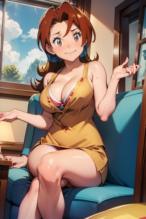 Delia Ketchum, charming,Red face,(((Cleavage))))Sitting on the sofa, Perfect fingers,