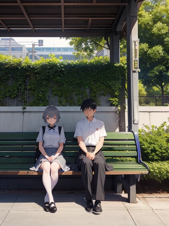 anime illustration、masterpiece、Couple sitting on a bench at the station、16 years old、An urban station platform wrapped in ivy and dried flowers,boy wearing white and gray pants, girl wearing long gray skirt,girl with short hair, fat girl